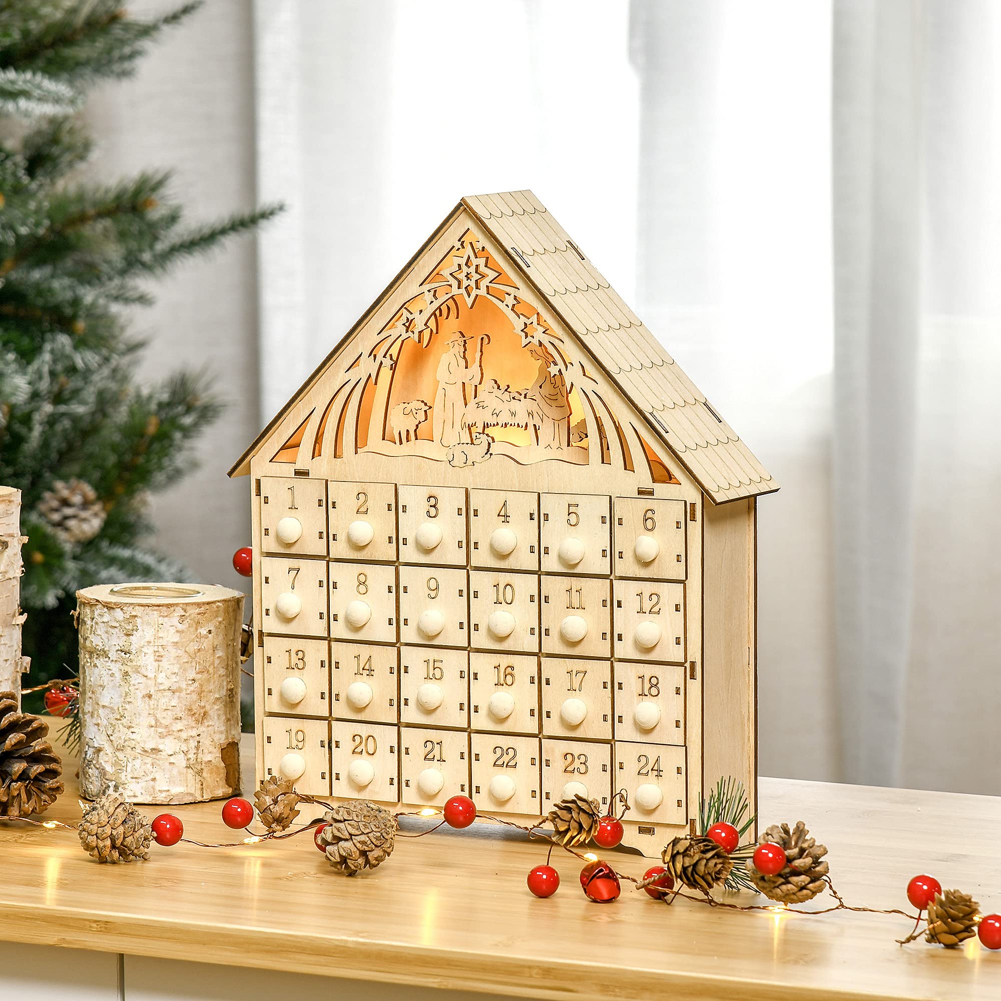 HOMCOM Christmas Advent Calendar, Light Up Manger Scene Tabletop Xmas Wooden House Holiday Decoration with Countdown Drawer, Bib