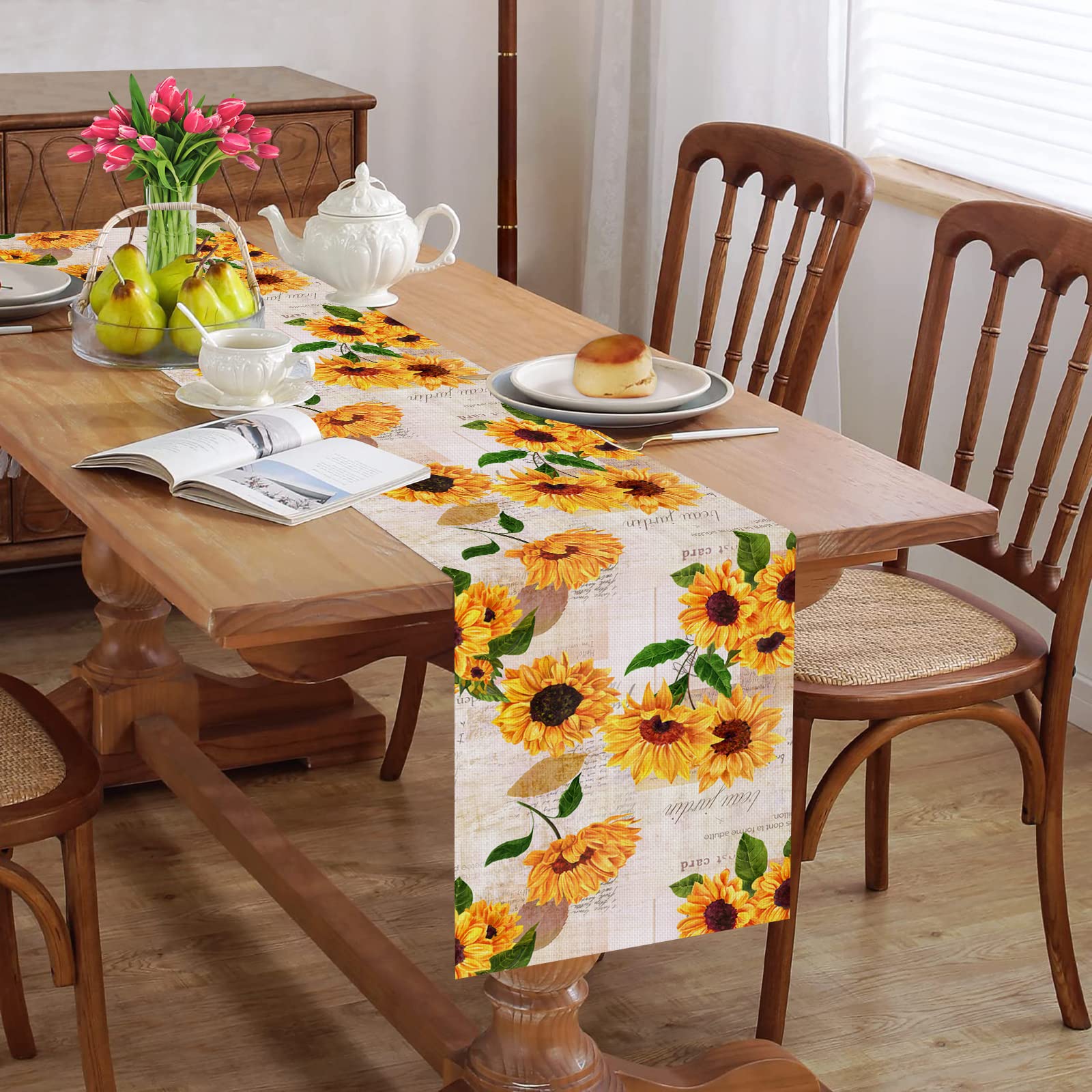 Sunflower Old Paper Rustic Table Runner Burlap Linen Table Runner Farmhouse Kitchen Decor For Home Party And Dining Room Dresser