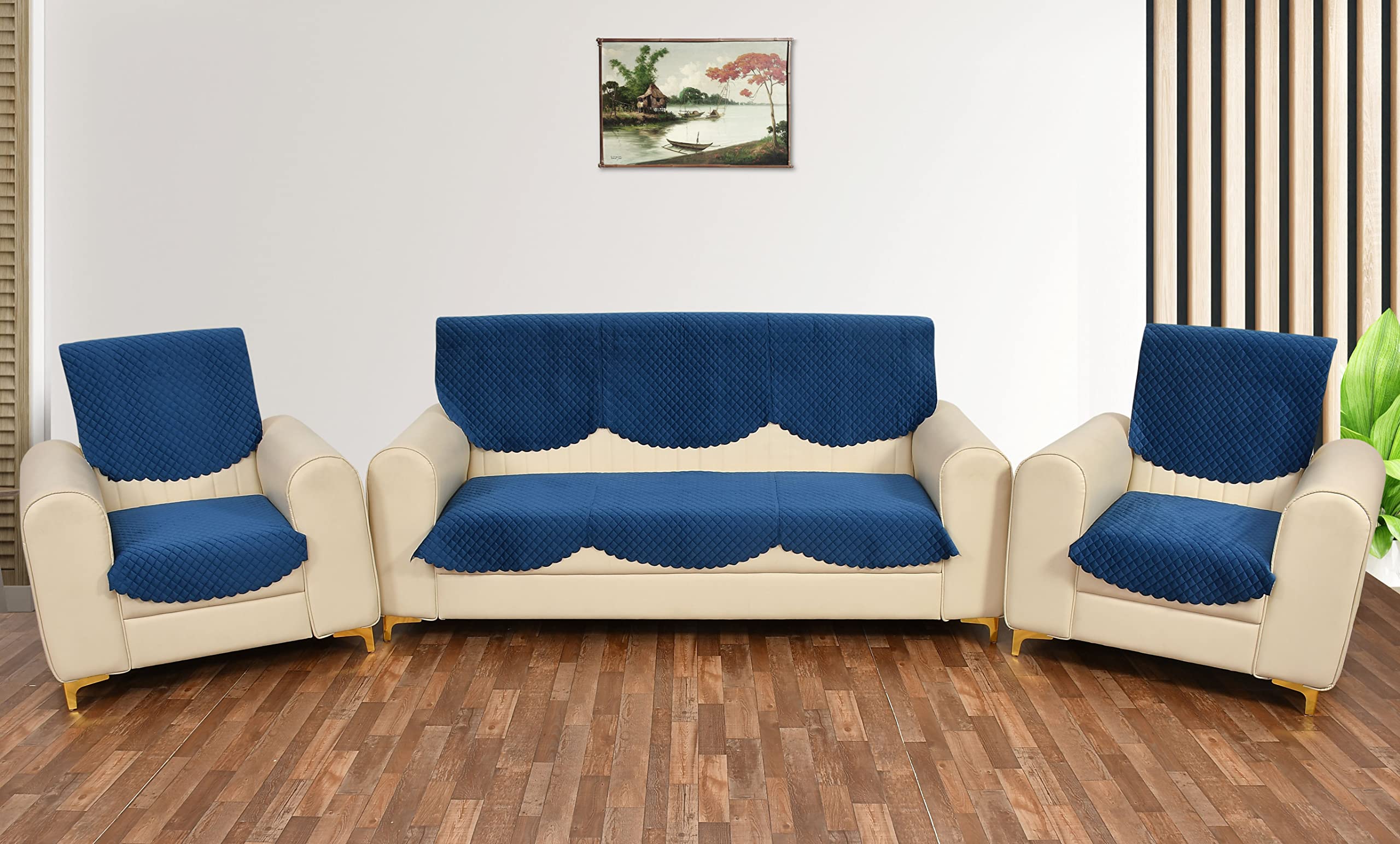 Yellow Weaves 5 Seater Self Design Quilted Sofa Cover And Chair Cover, Seat & Back Cover, Color - Blue - Velvet