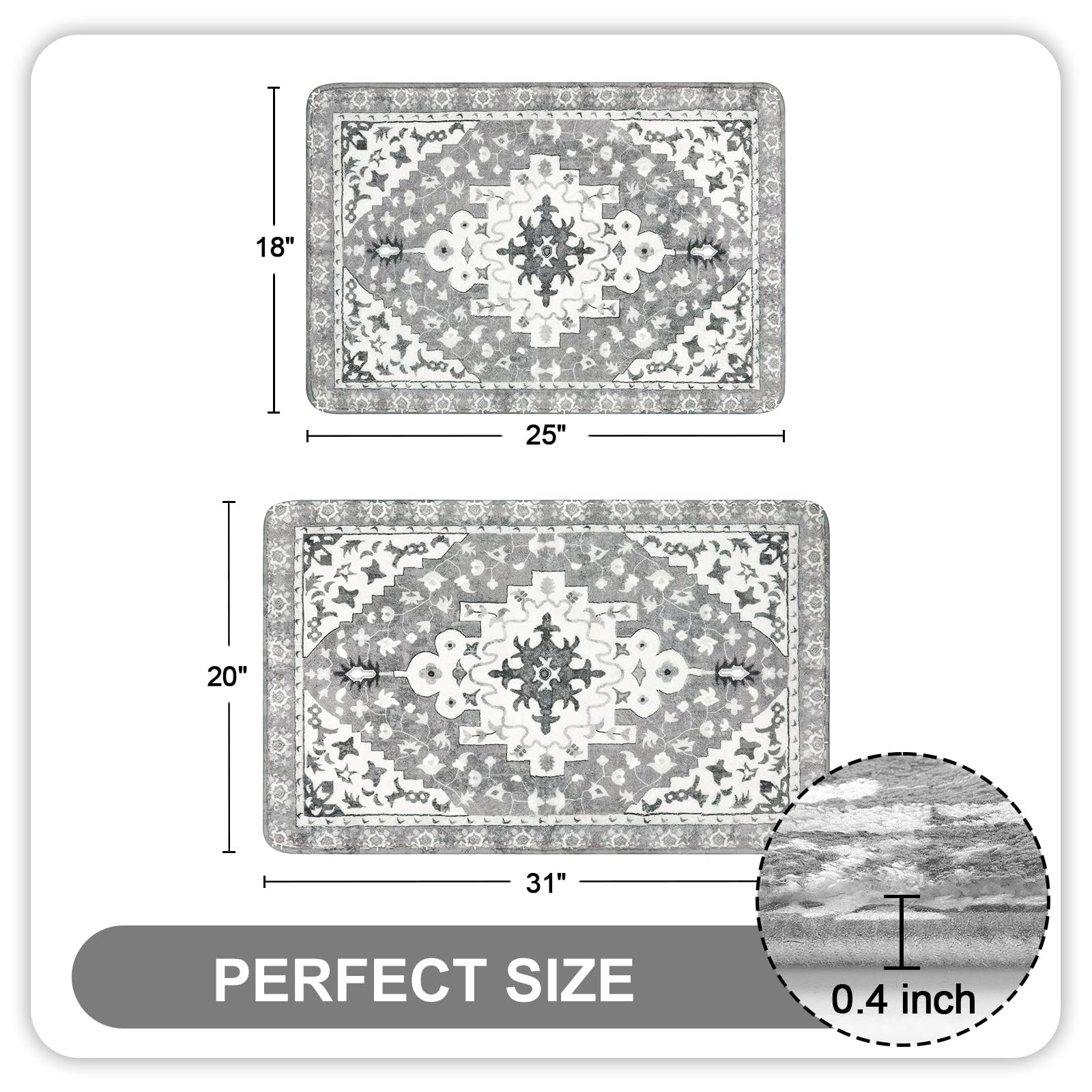 Uphome Boho Vintage Bathroom Rugs Sets 2 Piece Gray Non-Slip Soft Bath Mat Machine Washable Oriental Aesthetic Bath Rug Traditio