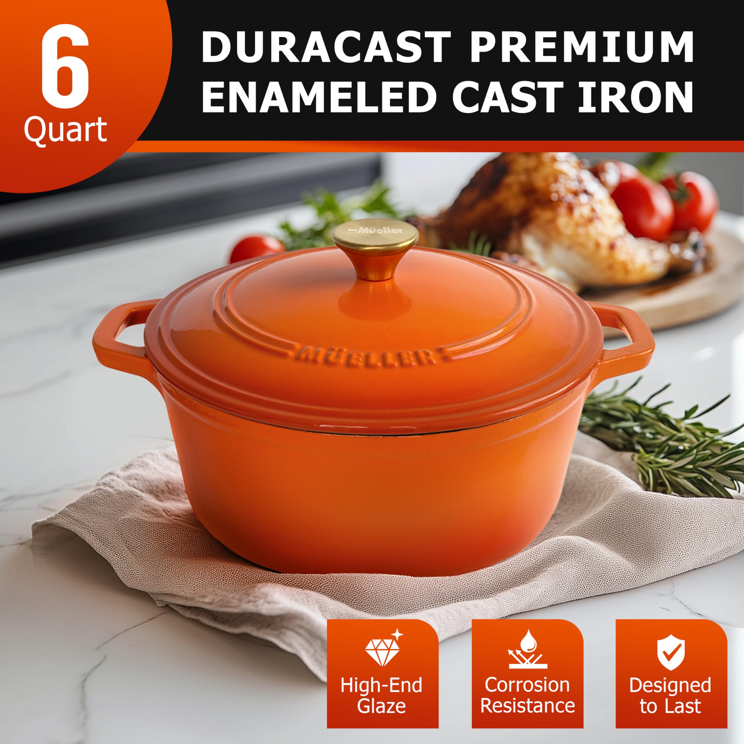 MUELLER HOME 6 Quart Enameled Cast Iron Dutch Oven for Bread Baking, Heavy-Duty Oven-Safe up to 500 F, & Across All Cooktops, Ho