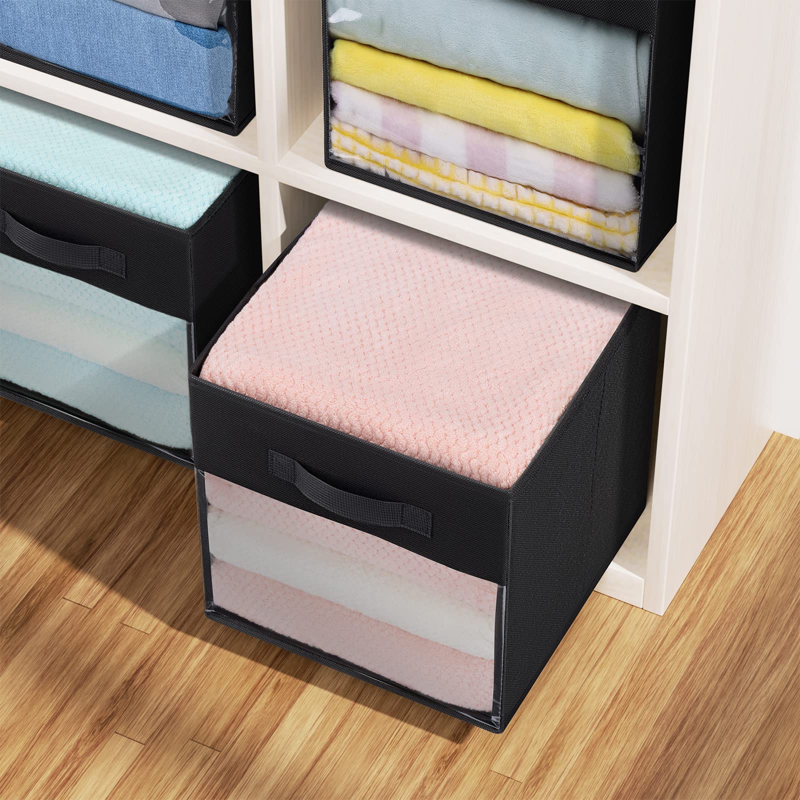 DIMJ Collapible Storage Cubes  12 Inch Cube Storage Bins with Window  Fabric Bins Baskets for Shelves  Foldable Cube Storage Organizer Cube Bins for Closet  Shelves  Home  Office  3 Packs  Black