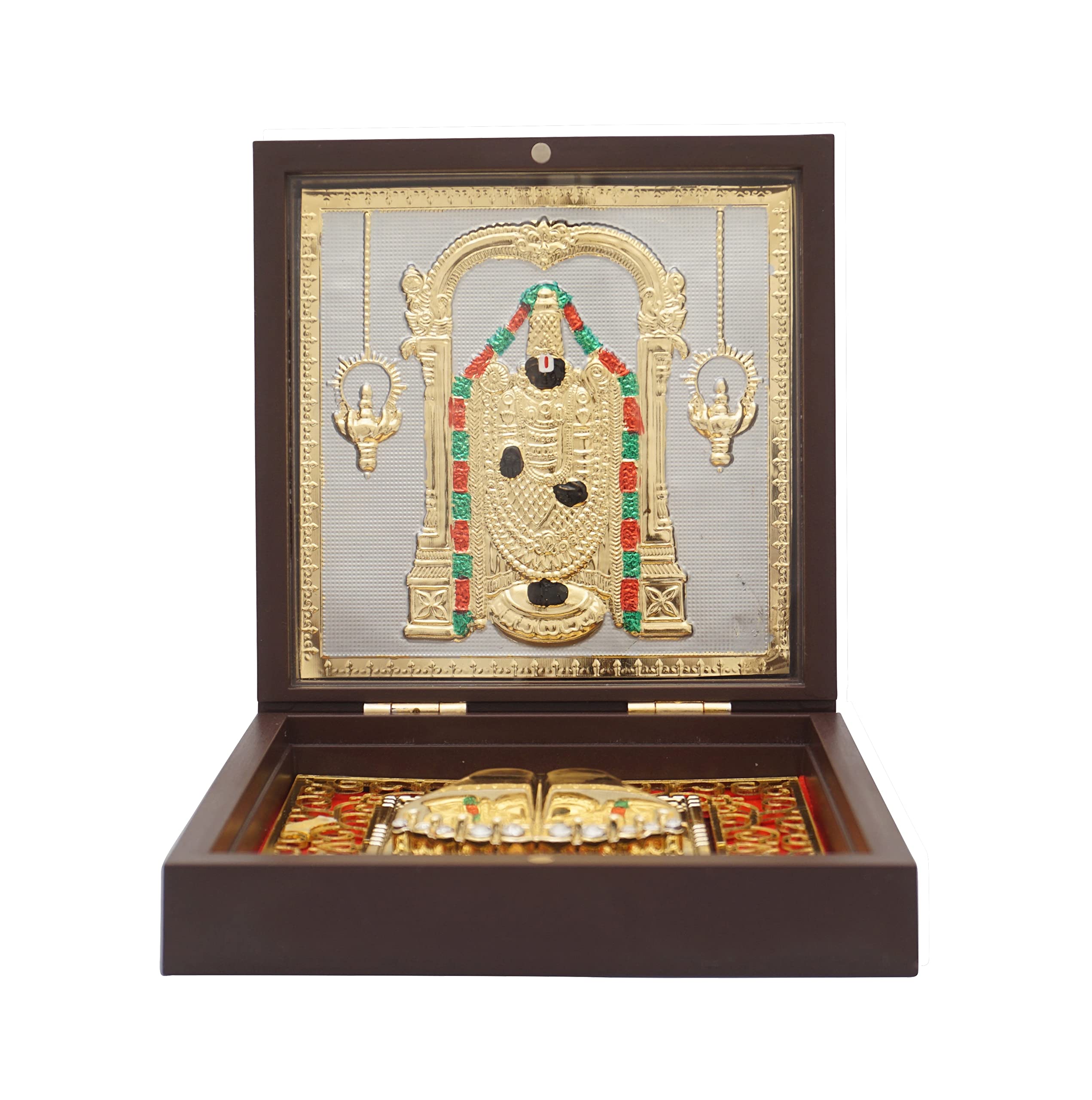 Idolkart Balaji Pocket Temple 24 Karat Gold Coated - Venkateshwara Swamy Photo Frame Gift, Pooja Box Crafted From Wood, For Weal