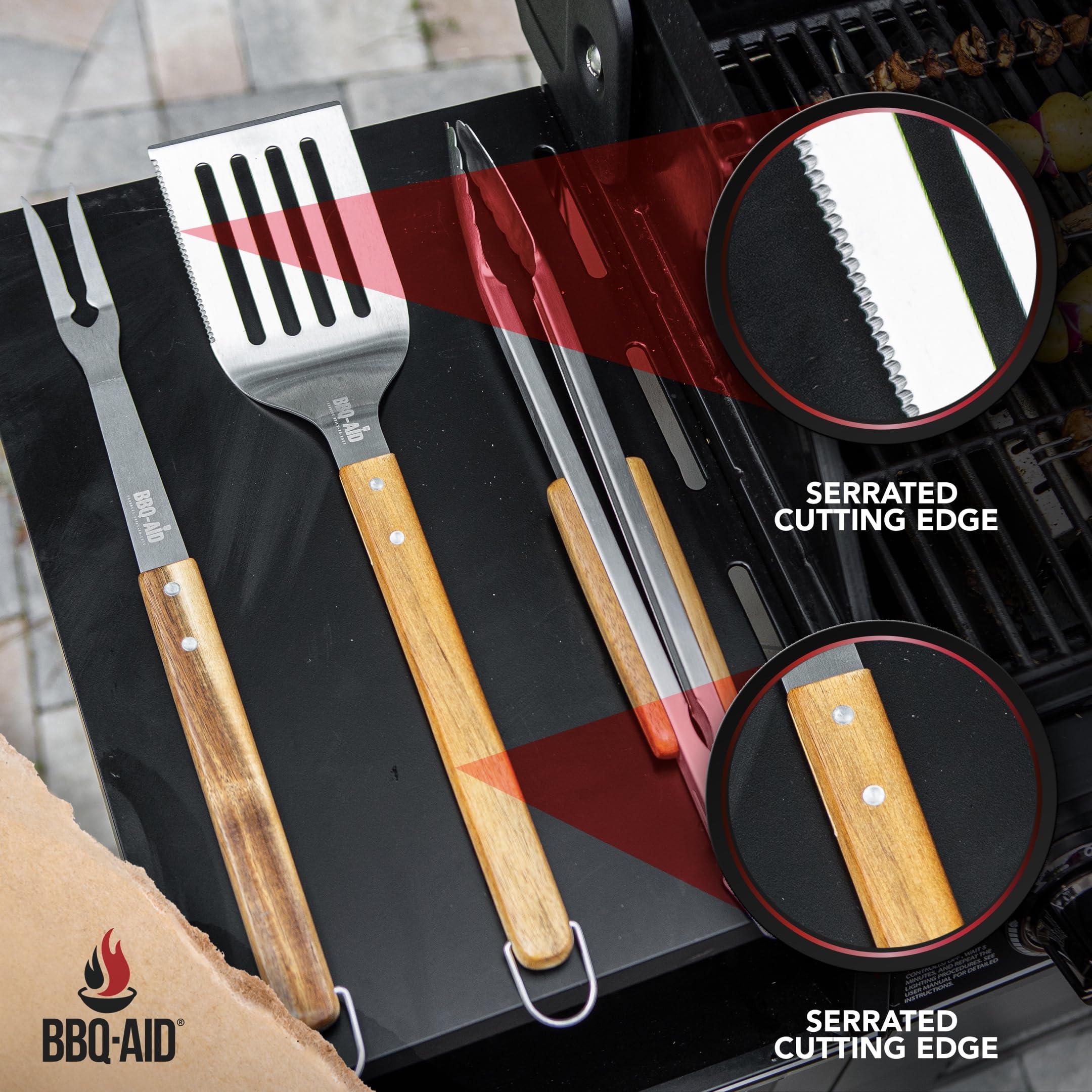 Bbq-Aid 3 Piece Grill Set Bbq Accessories - Kitchen Tongs, Metal Spatula & Fork Utensils - Heavy Duty Stainless Steel Barbecue G
