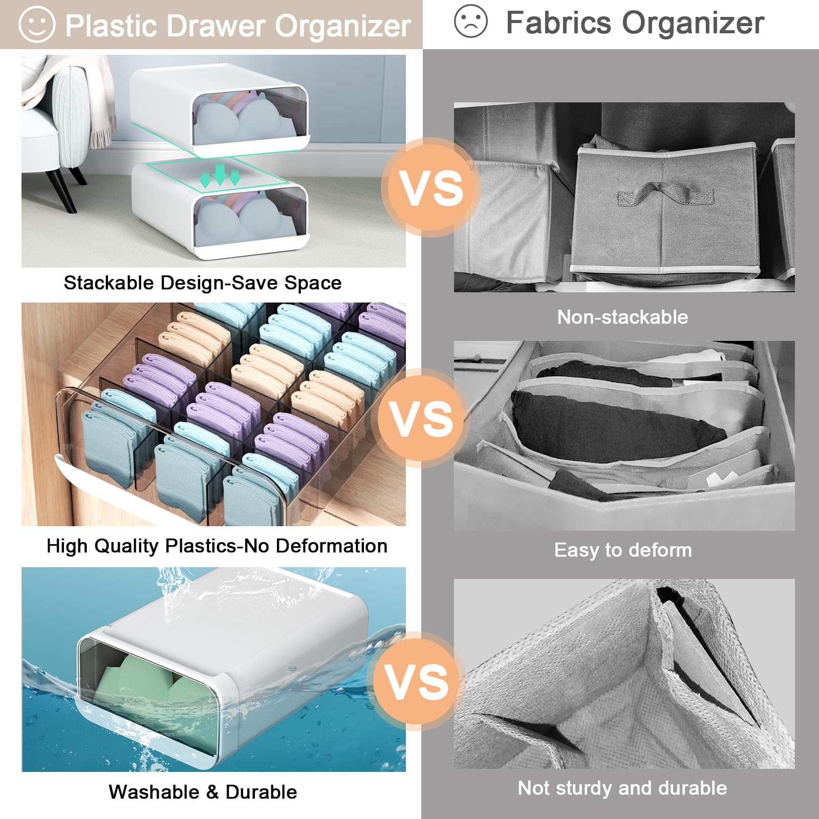 Miaocona Underwear Organizer Drawer, 15 Cells Plastic Sock Underwear Storage Drawer, Stackable Closet Organizers and Storage Box