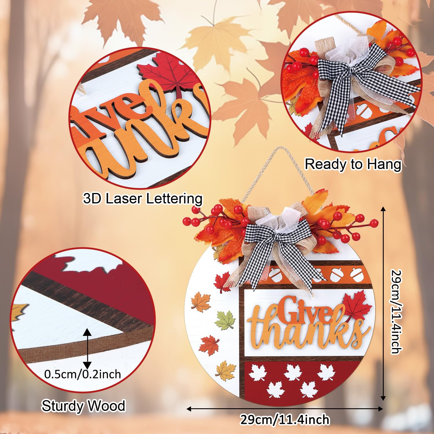 TOARTi 3D Pumpkin Hello Fall Front Door Sign Hanging(11.4''x11.4''), Rustic Autumn Hello Pumpkin Wall Sign Hanger, Farmhouse Fal