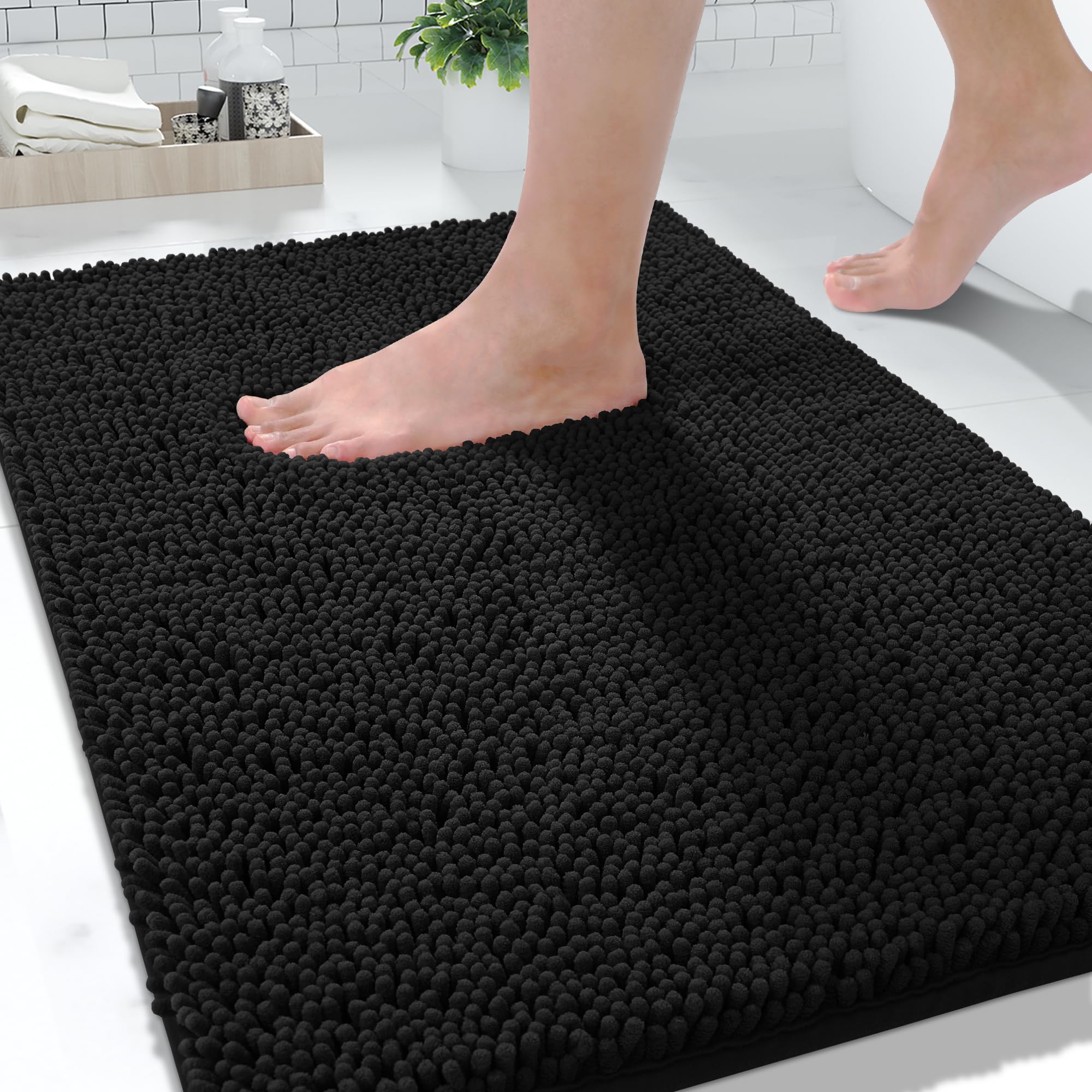 Yimobra Chenille Bathroom Rug  32x20Inch  Extra Soft Shaggy Bath Rugs  Non-Slip Bathroom Floor Mat  Water Absorbent  Thick Durable  Machine Washable  Plush Microfiber Rugs for Shower Bathtubs  Black