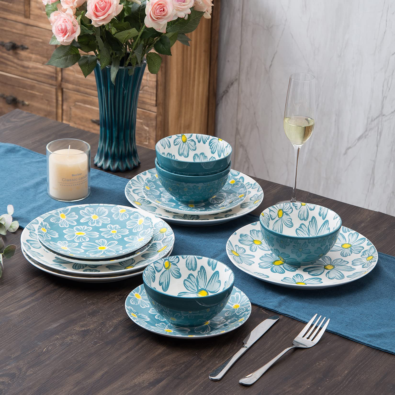 SAGOSKAT 12-pieces Dinnerware Set Ceramic Dish Set Plates Sets Service for 4, Bowl Sets, Stoneware Dinnerware Sets, 12pcs Plate