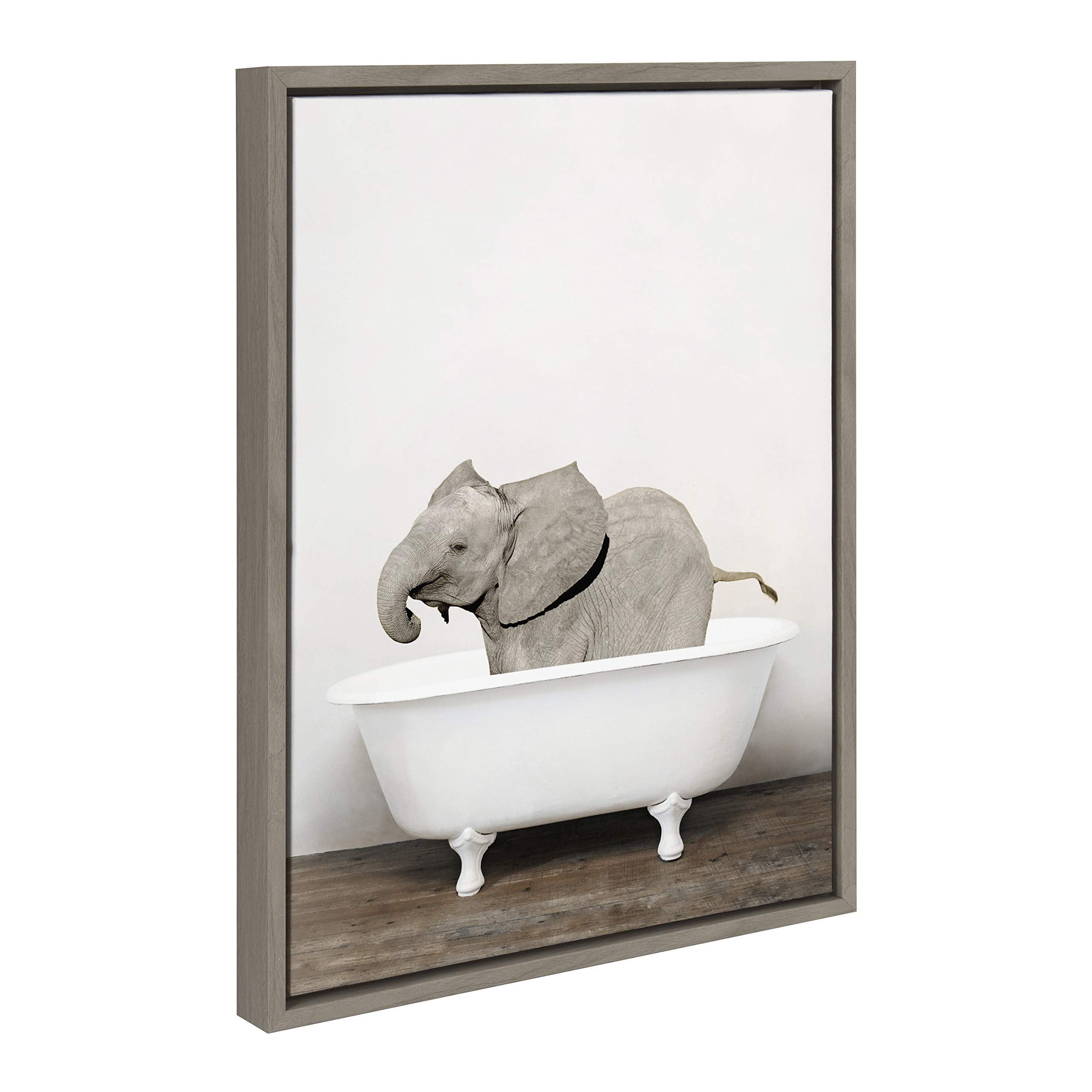 Kate And Laurel Sylvie Baby Elephant In The Tub Framed Canvas Wall Art By Amy Peterson, 18X24 Gray