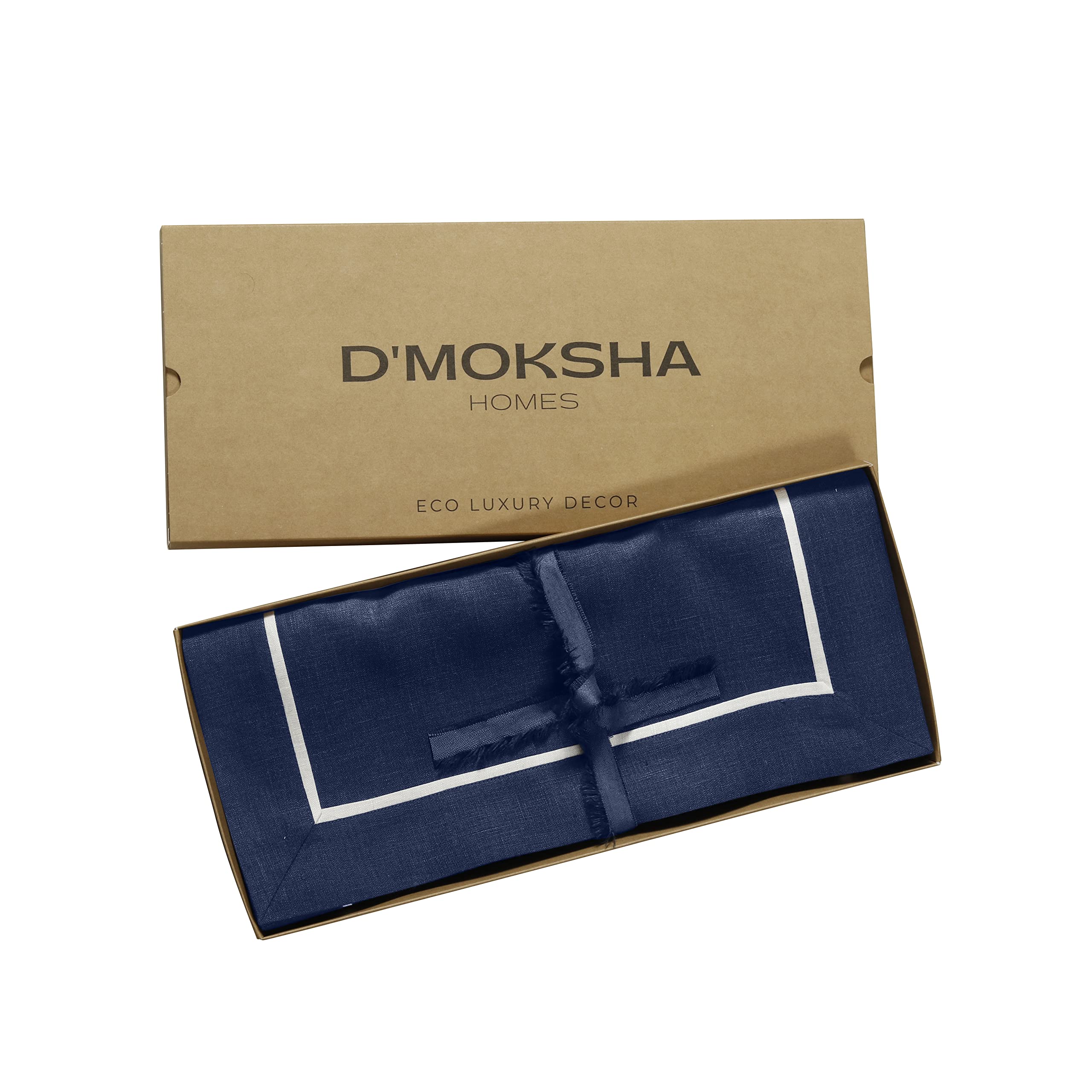 D'Moksha Homes Navy Blue Linen Placemats With White Trim, Set Of 4-14 X 19 Inch, 100% Pure Linen Fabric Placemats Navy Blue & Wh