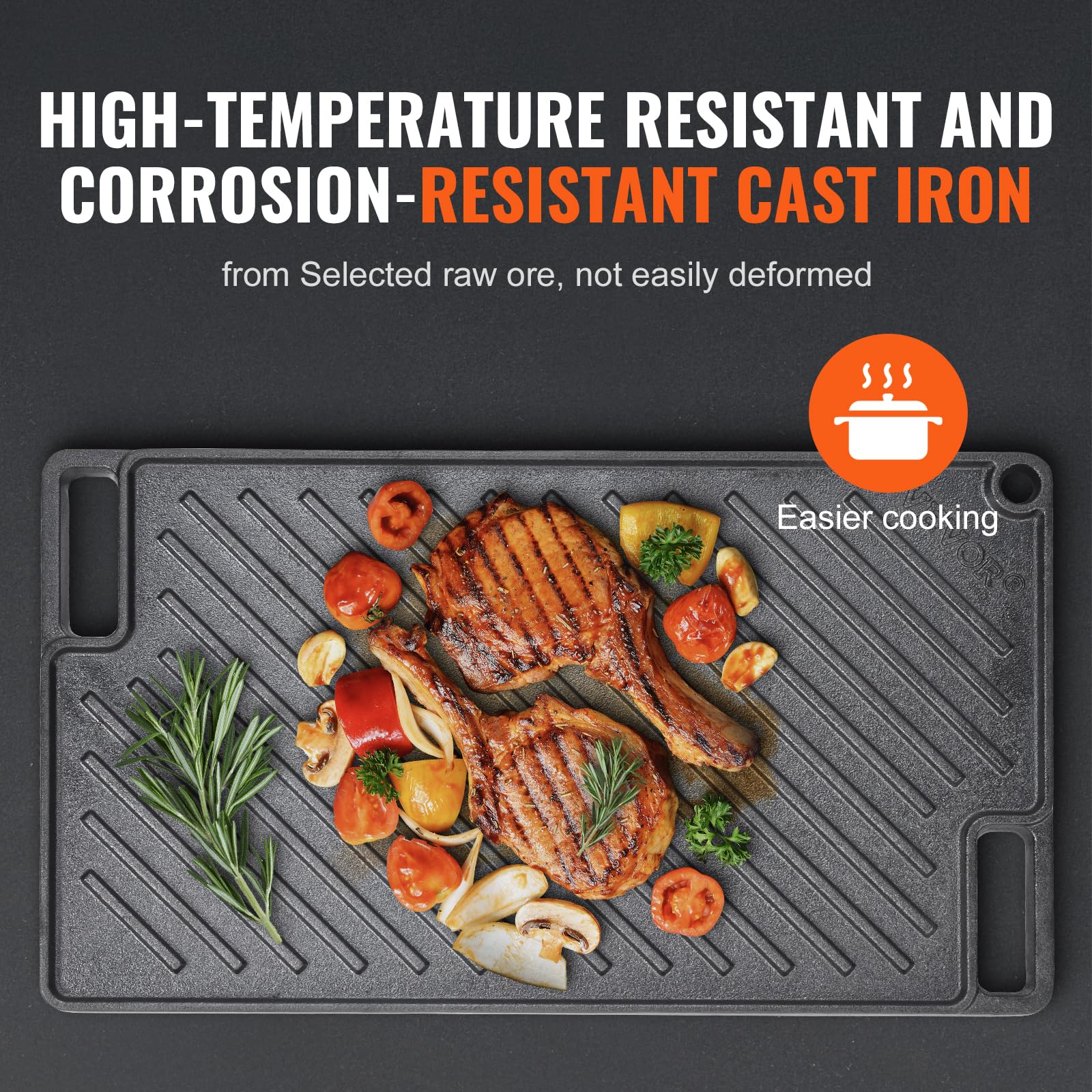 Vevor Reversible Grill/Griddle, 17X10'' Pre-Seasoned Cast Iron Griddle, Rectangular Double Burner Griddle Pan, Non-Stick Family