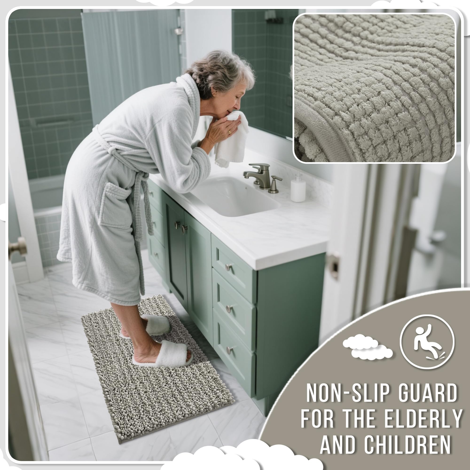 Yimobra Original Luxury Chenille Bath Mat  24 x 17 Inches  Soft Shaggy and Comfortable  Large Size  Super Absorbent and Thick  Non-Slip  Machine Washable  Perfect for Bathroom  Sand