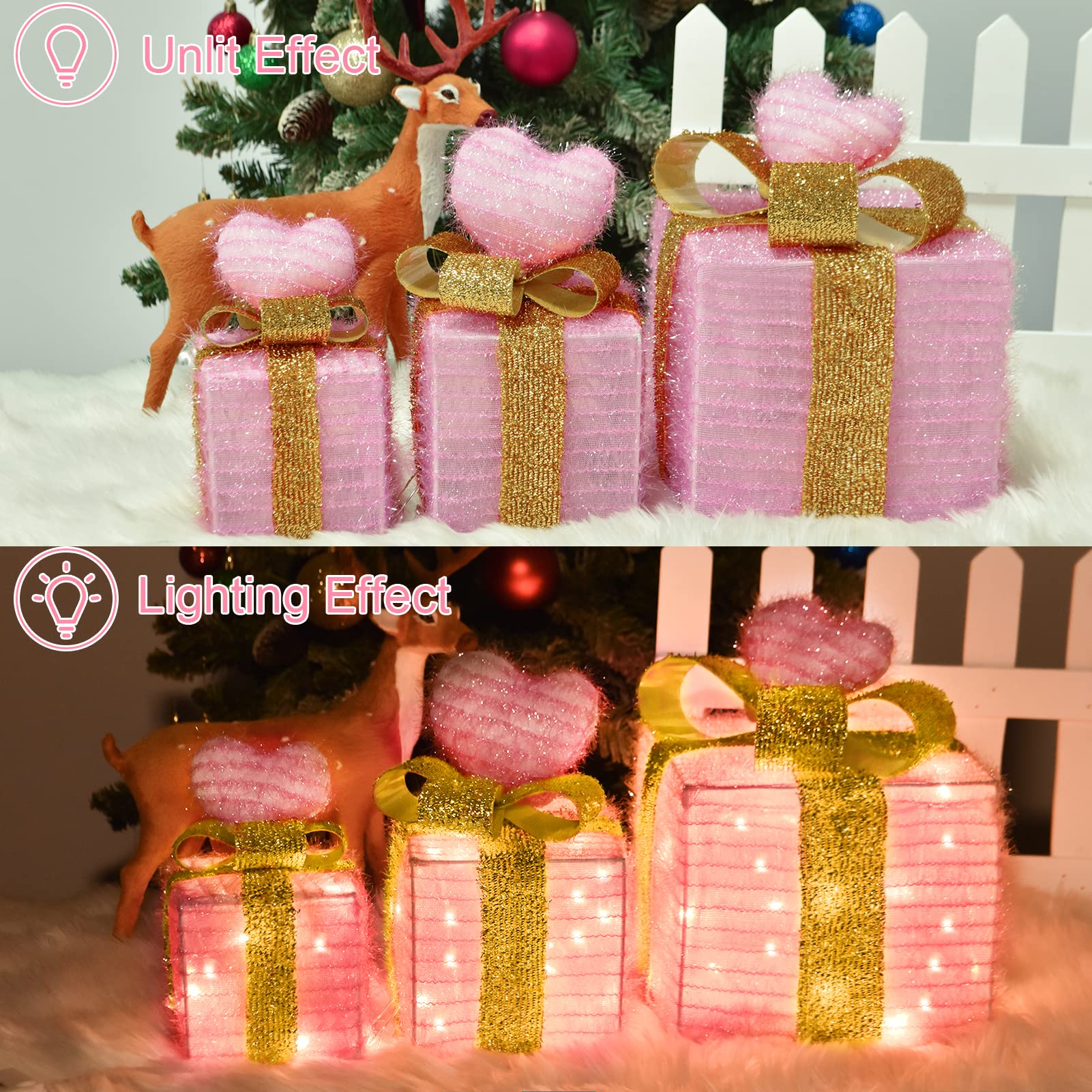 Christmas Light up Gift Boxes, Light up Xmas Boxes with Battery Operated for Christmas Decorations Indoor and Outdoor (3 Pack)