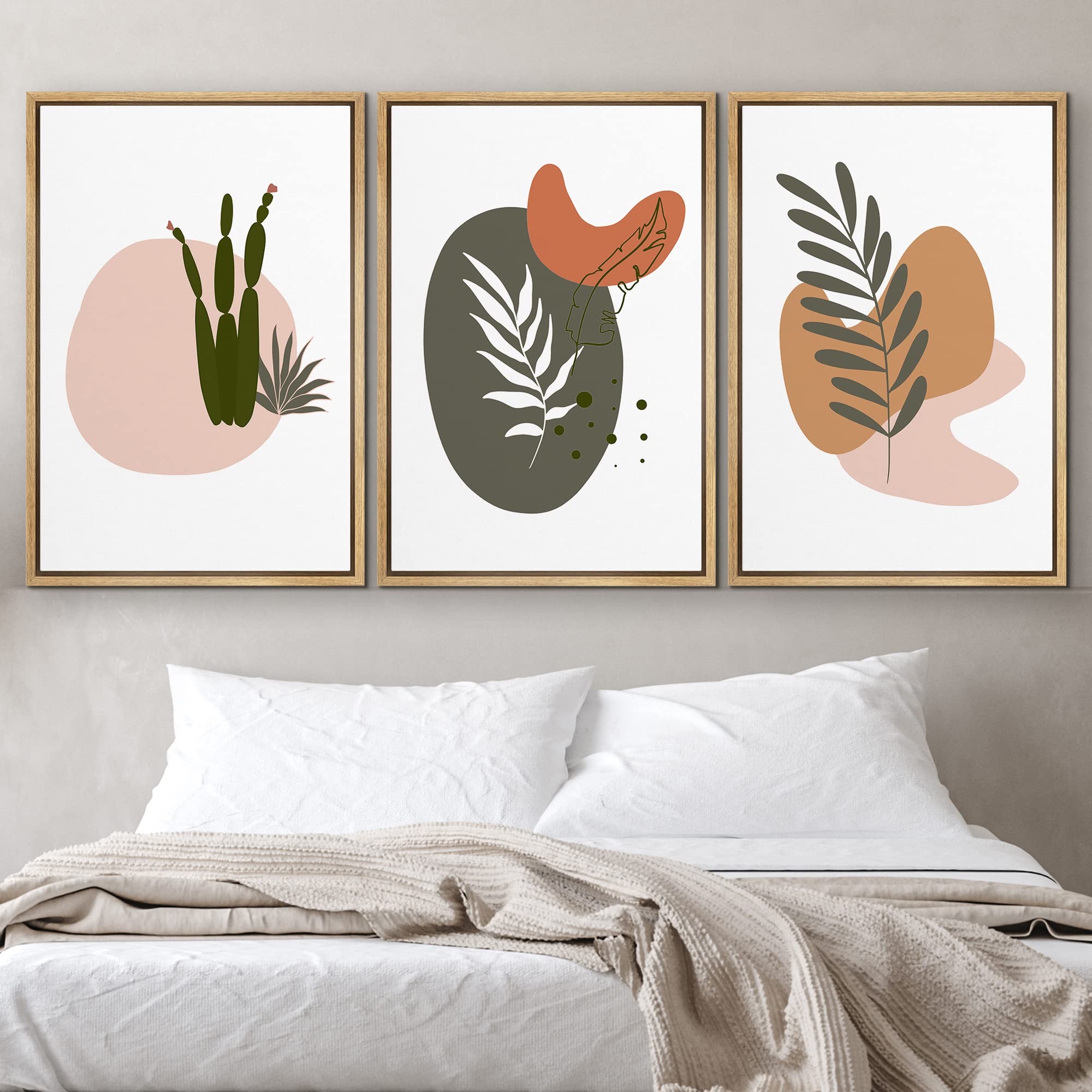Idea4Wall Framed Wall Art Print Set Green Leaves With Abstract Colored Circles Geometric Flower Illustrations Modern Art Rustic