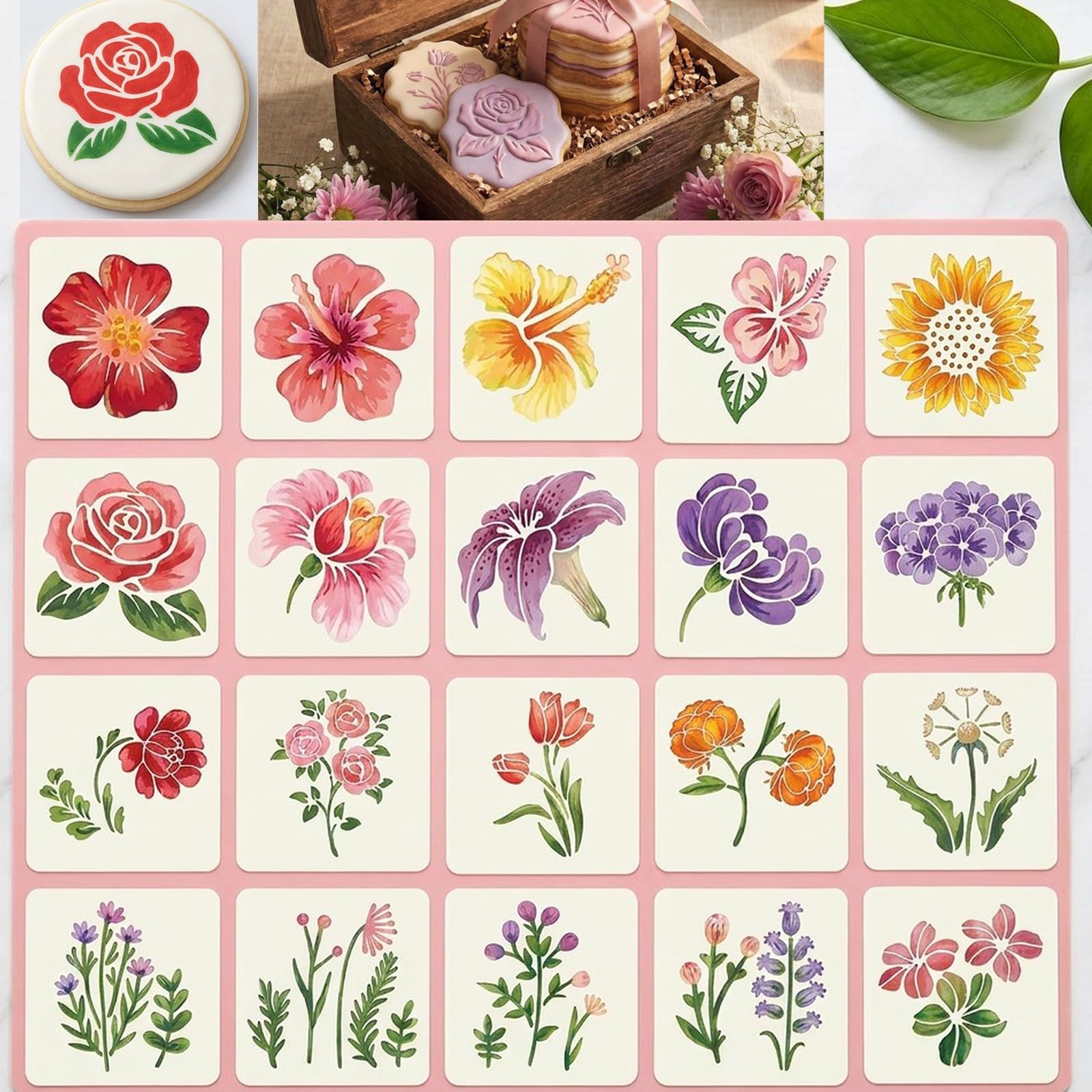 20 Pcs Reusable Flower Stencils for Baking- 3Inch Floral Stencils for Cookies Decorating, Mothers Day Sugar Cookie Royal Icing,