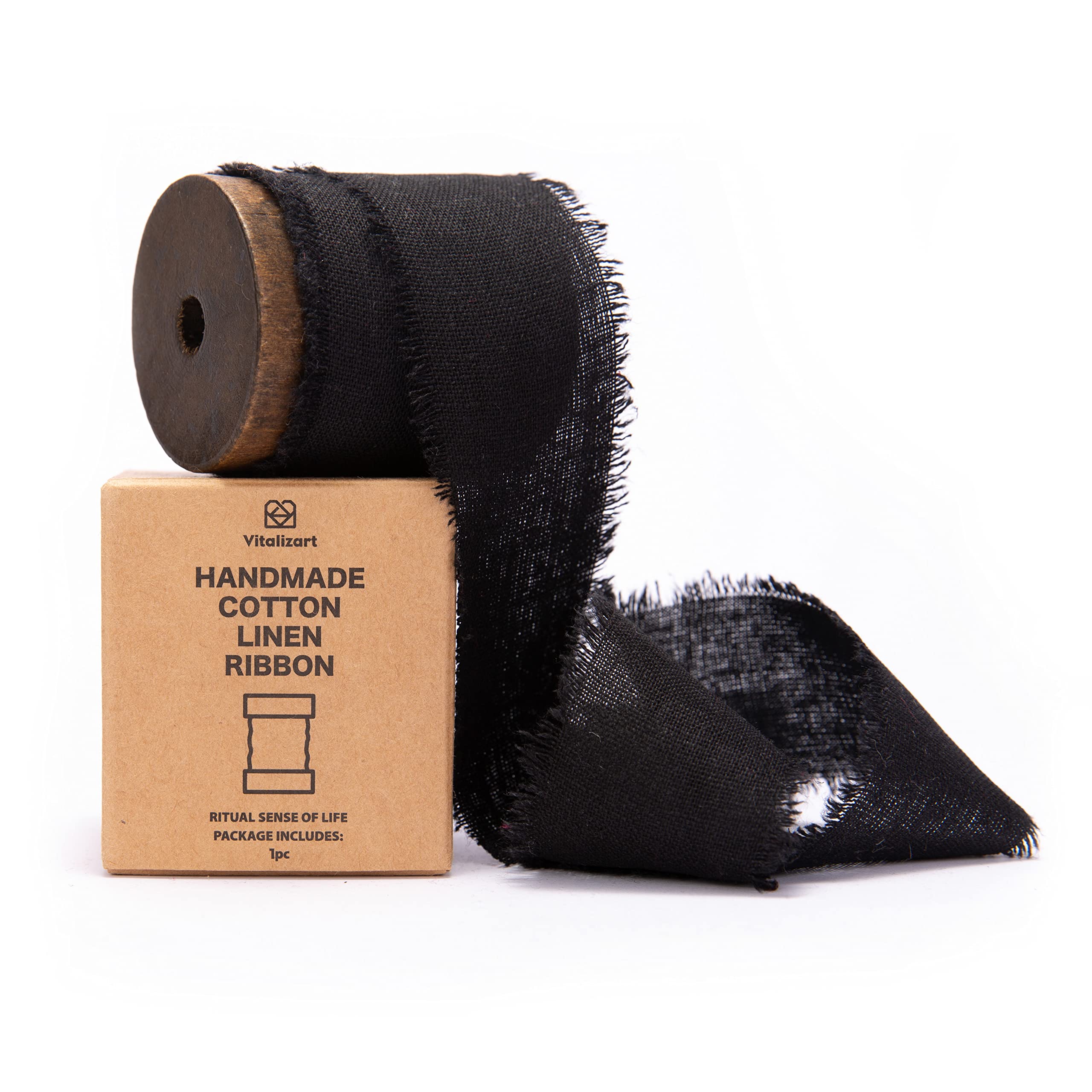 Vitalizart Black Cotton Linen Ribbon With Spool 15 X 5Yd Handmade Fringe Frayed Fabric Cloth For Wedding Invitations, Bridal Bou