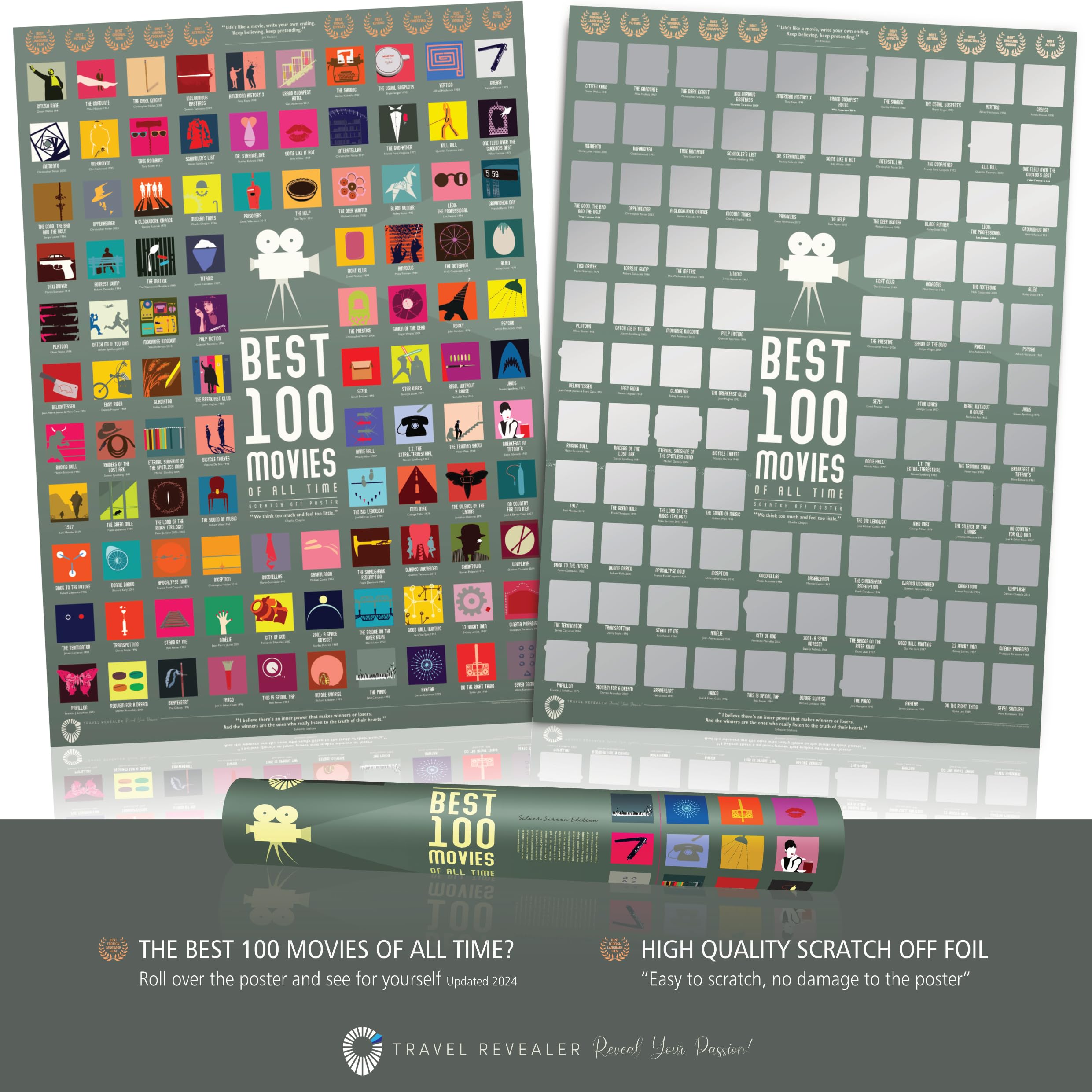 Travel Revealer Scratch Off Movie Poster - 100 IMDb Top Films, 24"x17", Silver Screen, 200GSM Matte Silk Paper with Gloss Finish