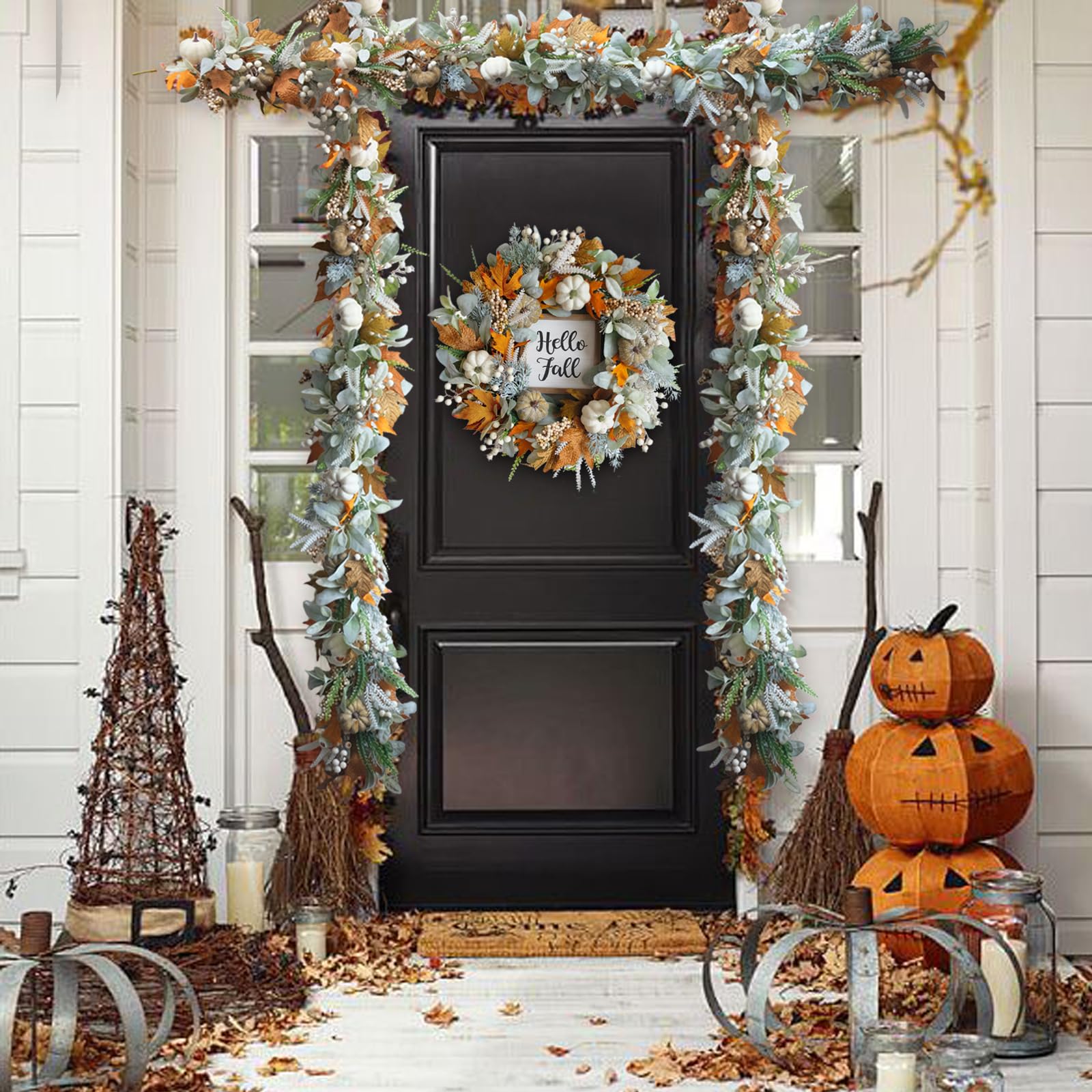 CIR OASES Thanksgiving Potted, Eucalyptus Berries Pumpkins Lamb Ears Leaves Autumn Pots for Centerpiece Table Decor, Fall Decor,