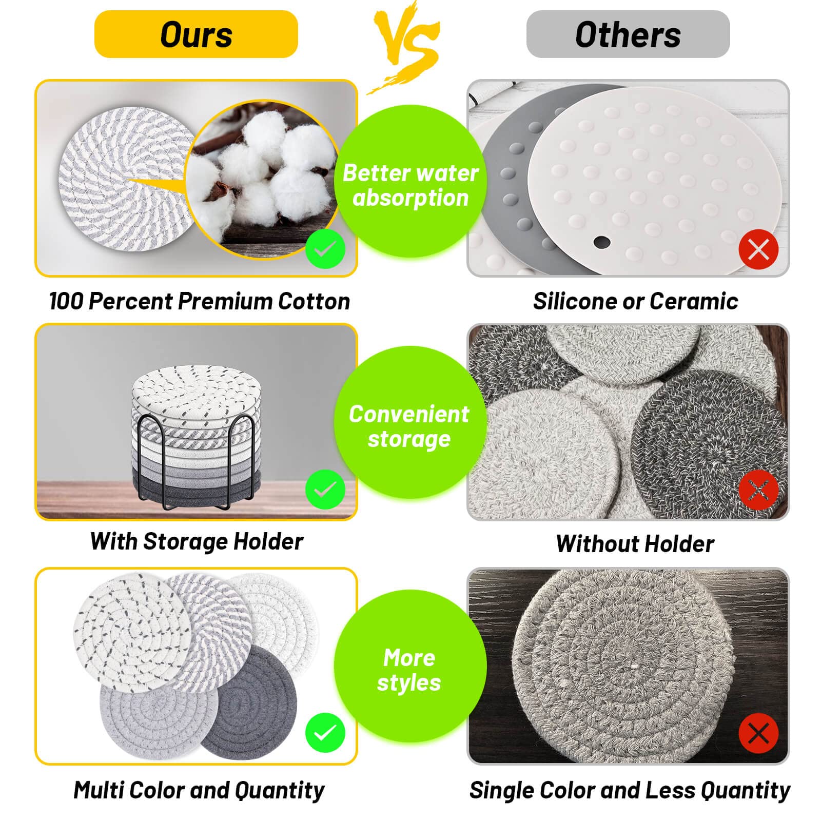 Billbotk 10 Pieces Coasters For Drink Absorbent, 5 Colors Drink Coasters With Holder, Woven Coasters Set For Coffee Table, Woode