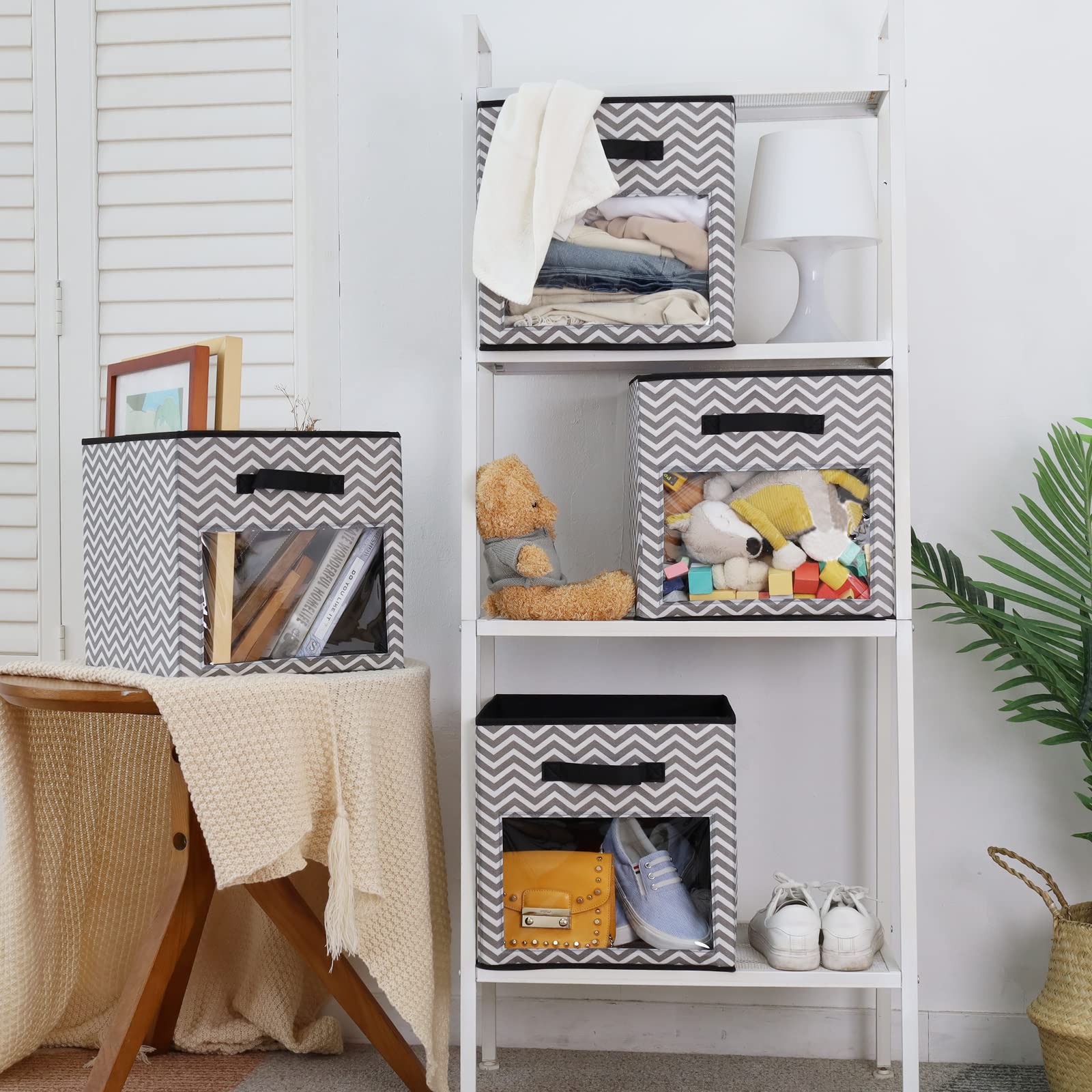 Domeraax Cube Storage Bin 4 Pack With Clear Window Large Boxes Basket With Handles Fabric Closet Organizer 13'' X 13'' X 13'' Gr