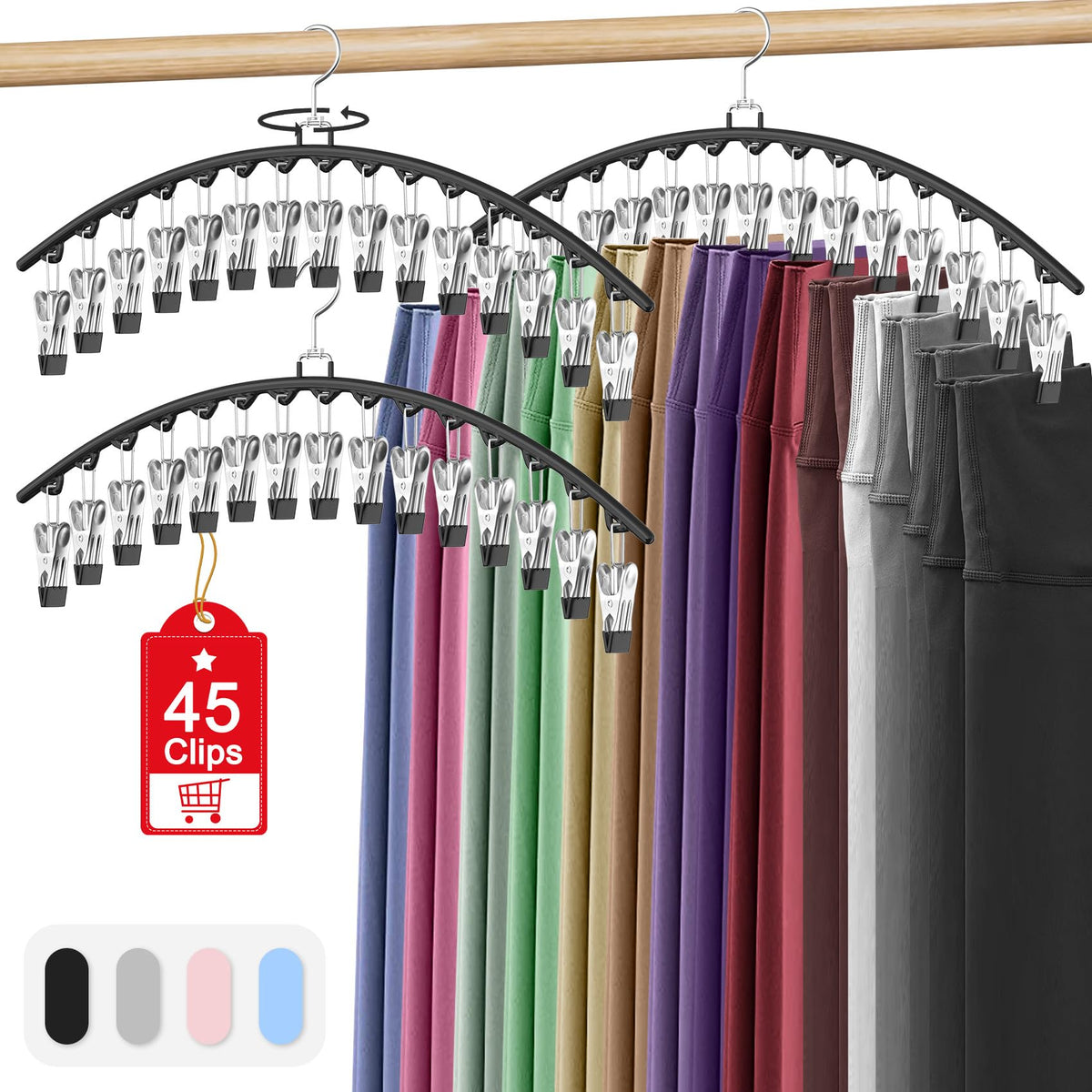 3 Pack Legging Organizer For Closet Hanging, Pants Hangers With 15 Clips Holds 45 Leggings, Shorts, Skirts, Jeans, Hats, Pants H