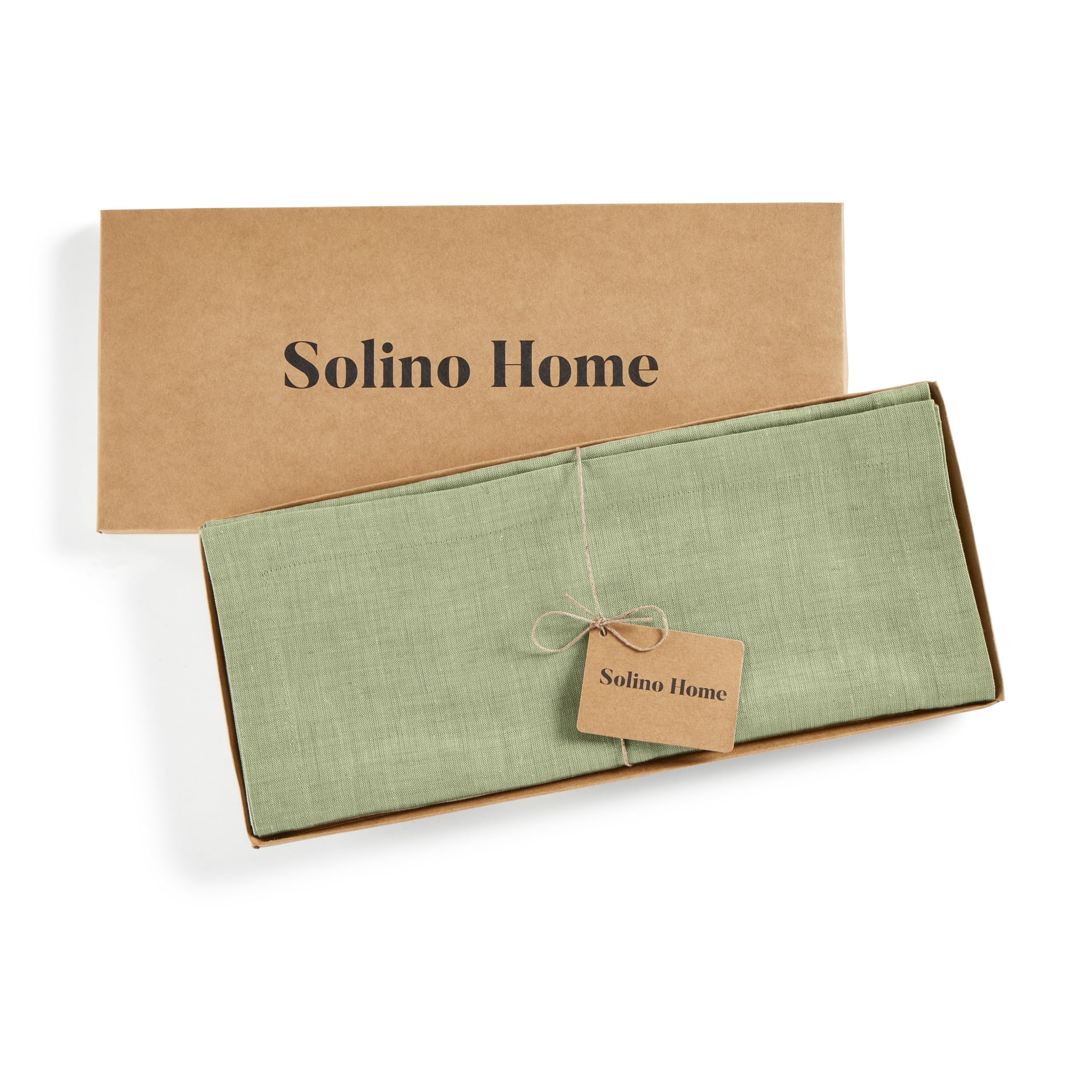 Solino Home Linen Small Table Runner 60 Inches - Athena, 100% Pure Linen Chambray Olive Table Runner 14 x 60 Inch Ideal for Dres