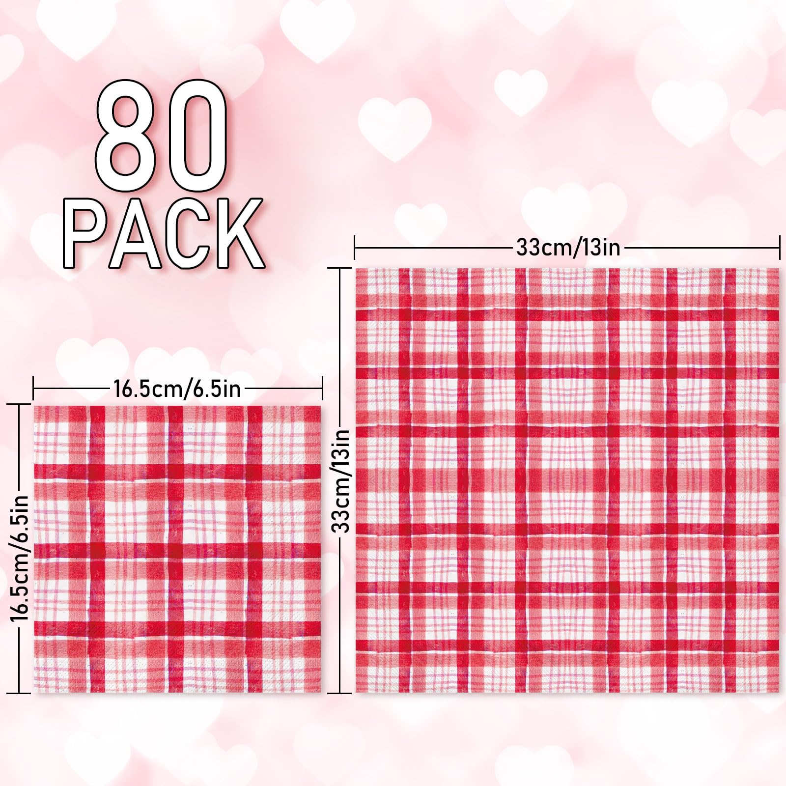 Jarthenaamcs 80Pcs Valentine'S Day Paper Napkins 6.5 X 6.5 Inch Watercolor Plaid Disposable Dinner Napkins Red White Checkered L