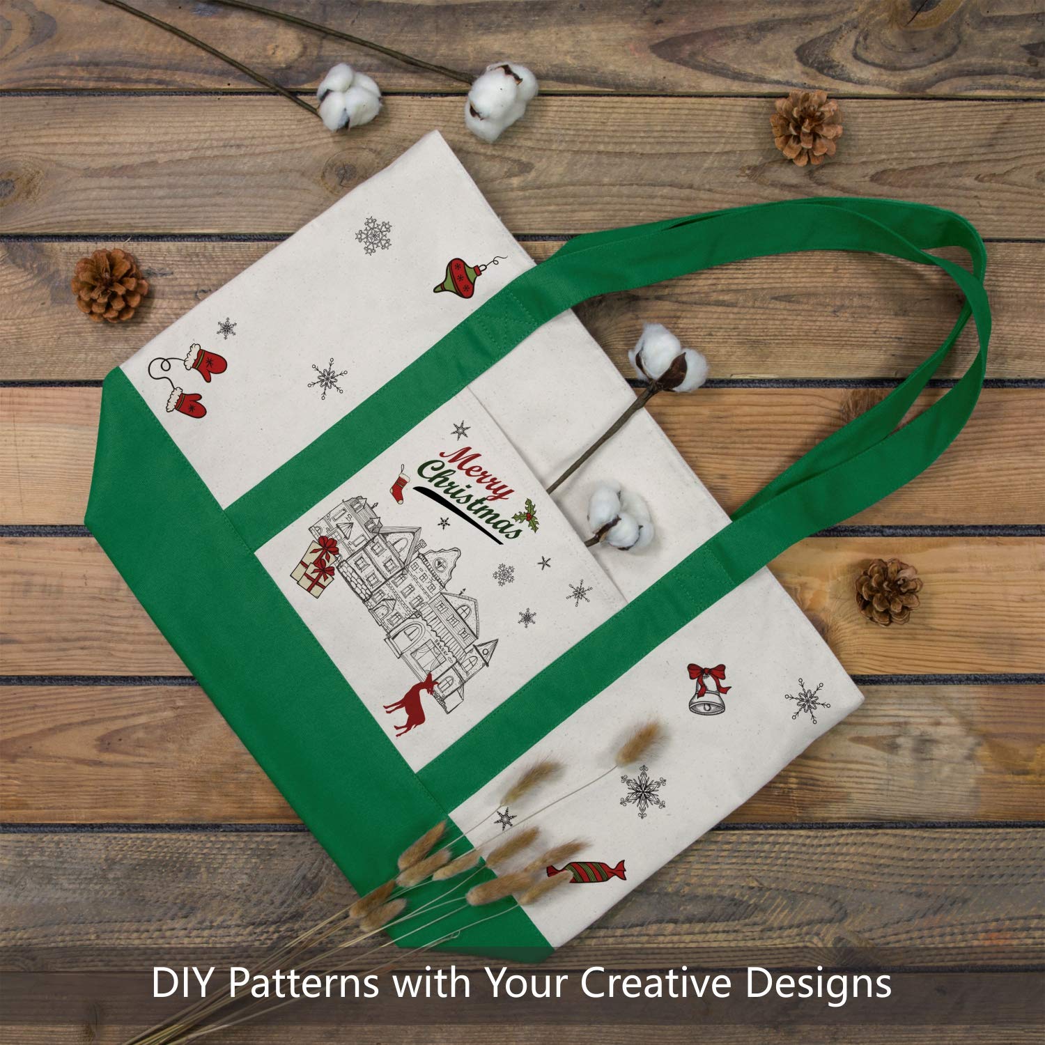 Topdesign Stylish Canvas Tote Bag With An External Pocket, Top Zipper Closure, Daily Essentials (Green/Natural)