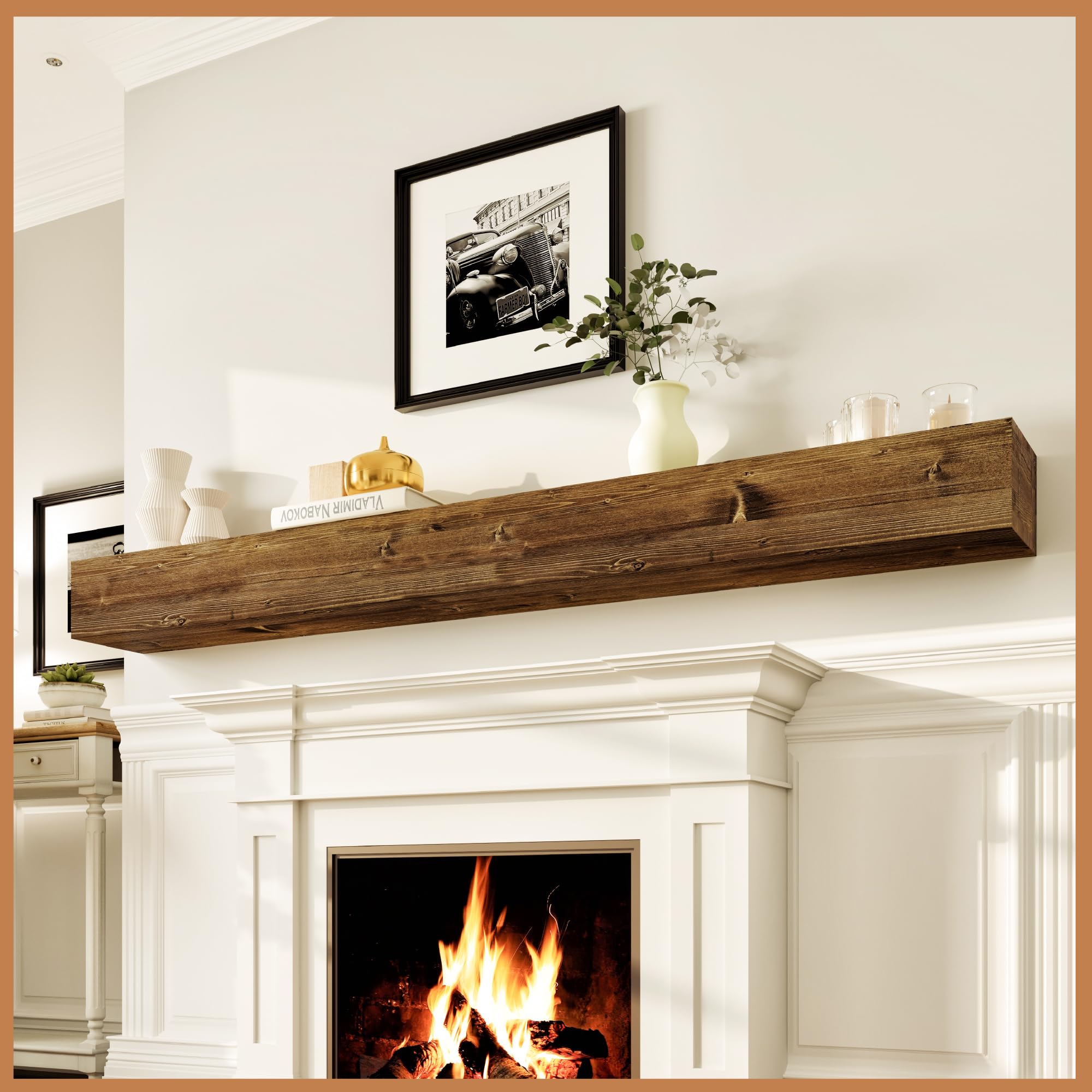 Avana Rustic Fireplace Mantle Shelf 84 Inches for Home Decor/Wall Decor - Handcrafted Wood Shelf for Wall - Decorative Fireplace