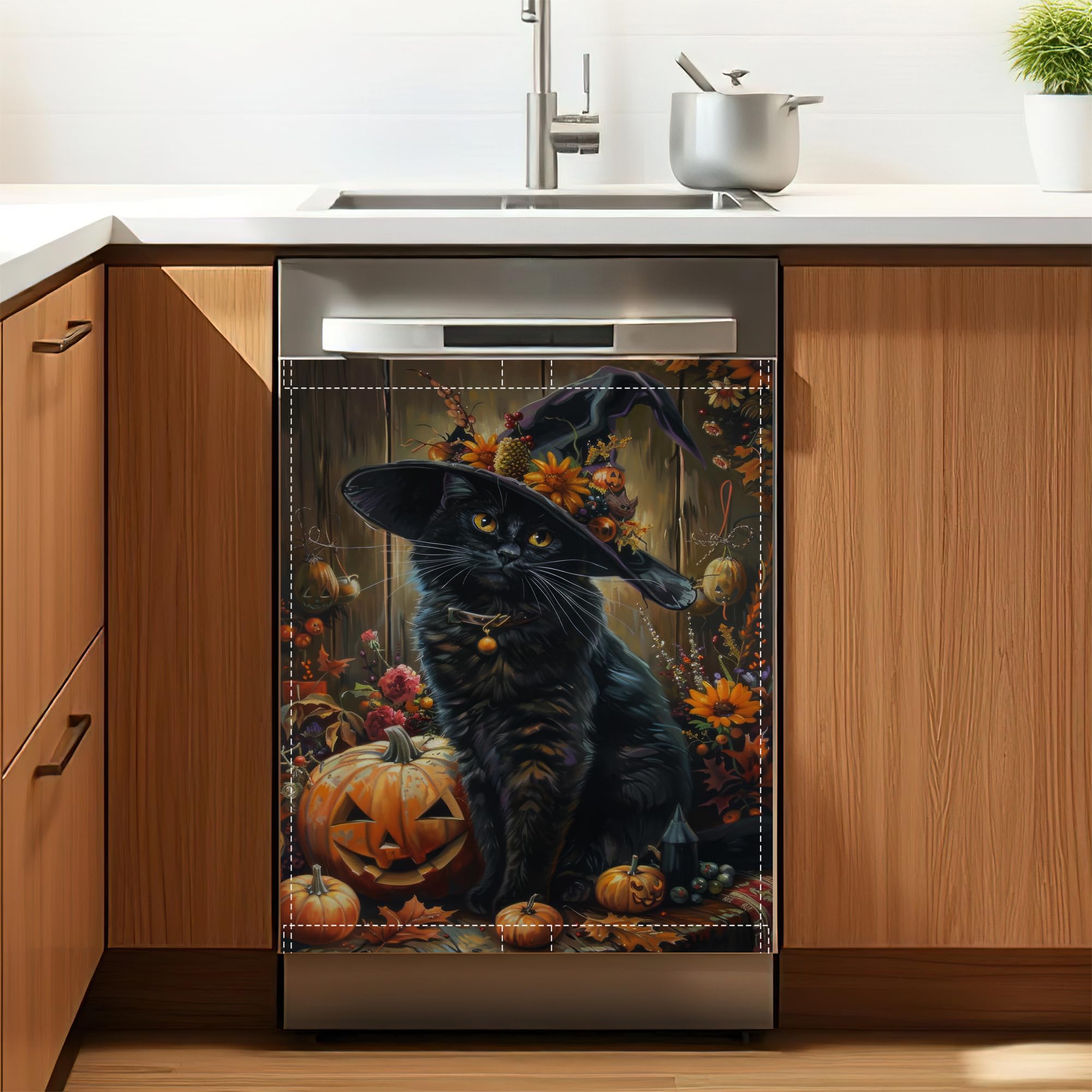 Gothic Black Cat Pumpkin Dishwasher Magnetic Cover 23x26 Inch  Polyester Dishwasher Cover with Builtin Edge Magnets, Secure Fi