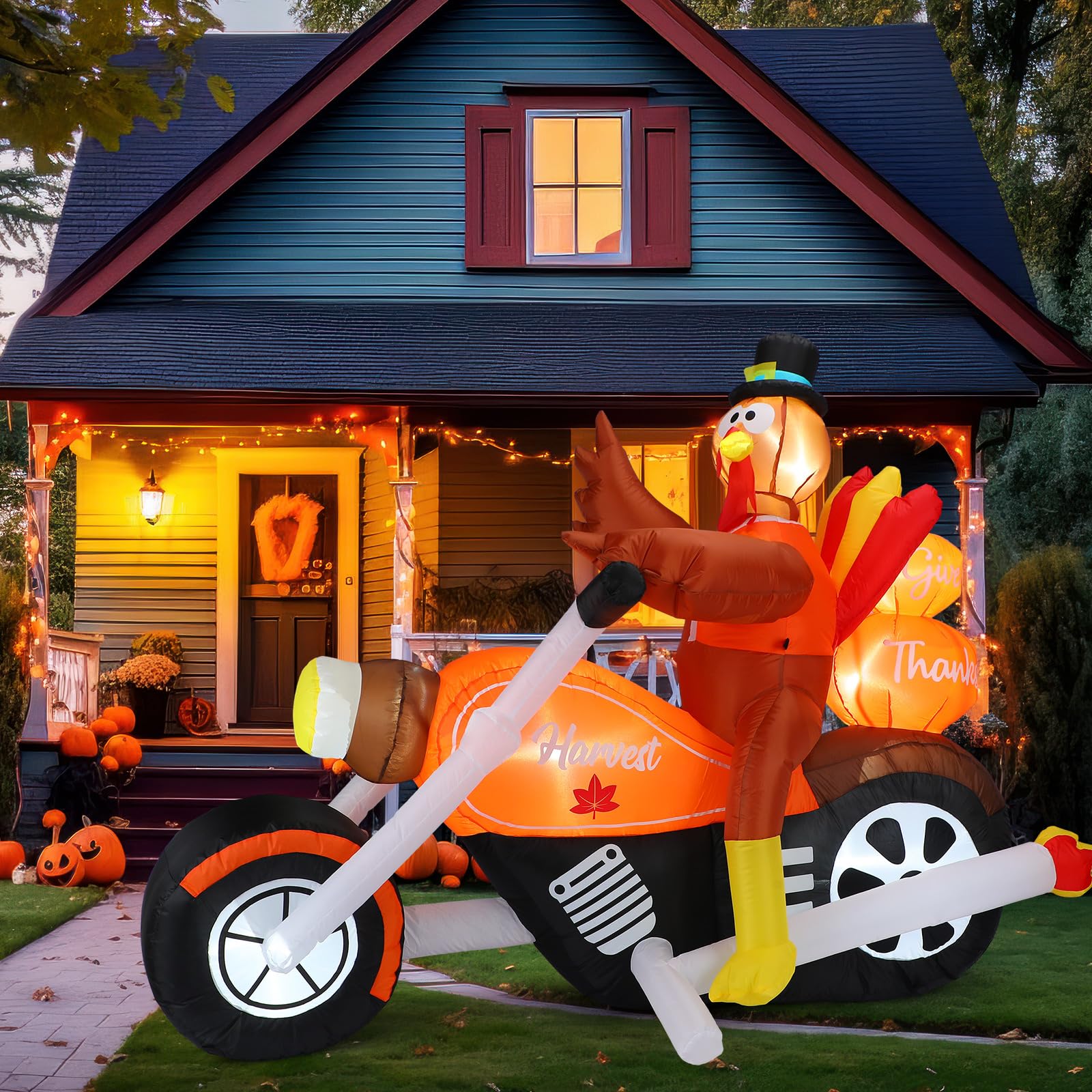 Leyndo 7 Feet Thanksgiving Inflatables Turkey Riding Motorcycle Decoration Outdoor Turkey Blow up Yard Decoration with LED Light