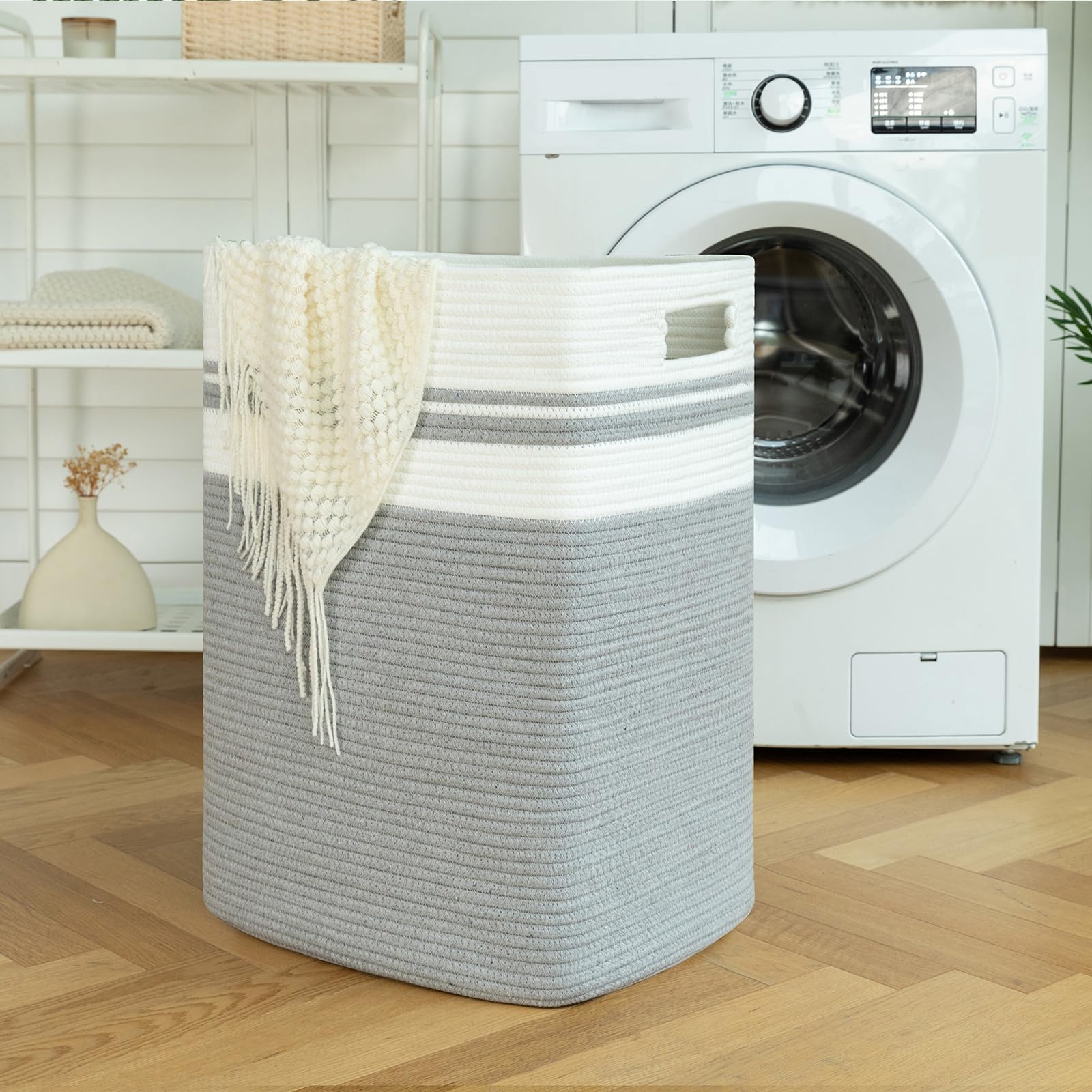 OIAHOMY 91L Laundry Hamper  XXXLarge Laundry Basket  Collapsible Cotton Rope Basket Woven Storage Basket for Blankets Clothes Pillows-16x15x24-Grey