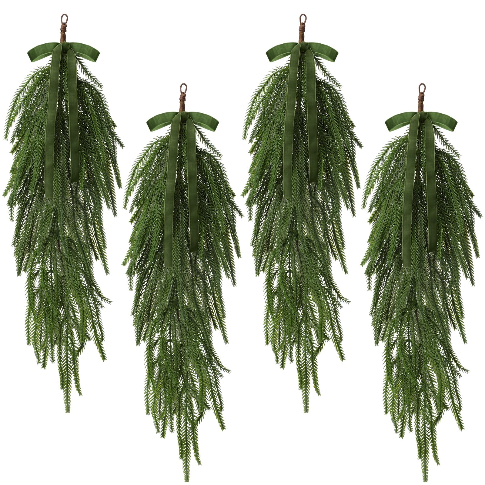 Shihanee 4 Pack 24 Inch Christmas Teardrop Swags with Rustic Velvet Ribbon Bow Artificial Realistic Norfolk Pine Greenery Swag f