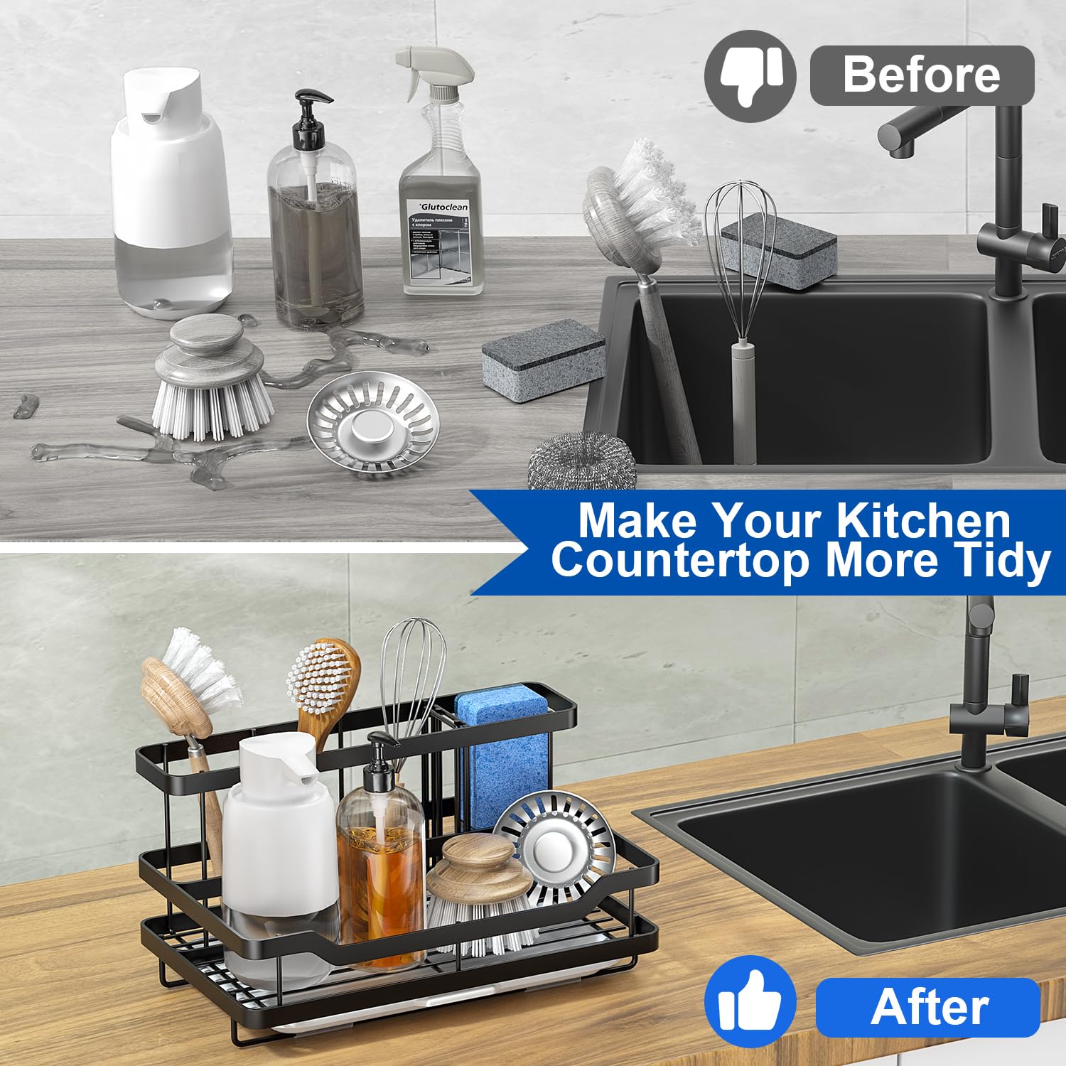 Sponge Holder For Kitchen Sink Caddy Kitchen Sink Organizer, Sink Rack For Kitchen Countertop Dish Sponge Holder Soap Brush Disp