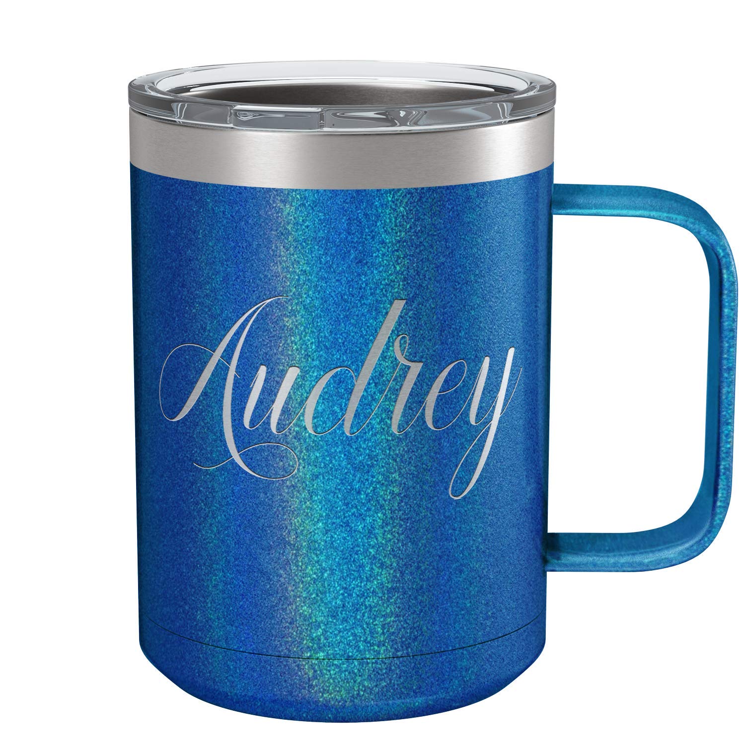 Personalized Coffee Mug Blue Glitter 15 Oz With Lid And Handle Custom Engraved Gift Stainless Steel Vacuum Insulated Cup