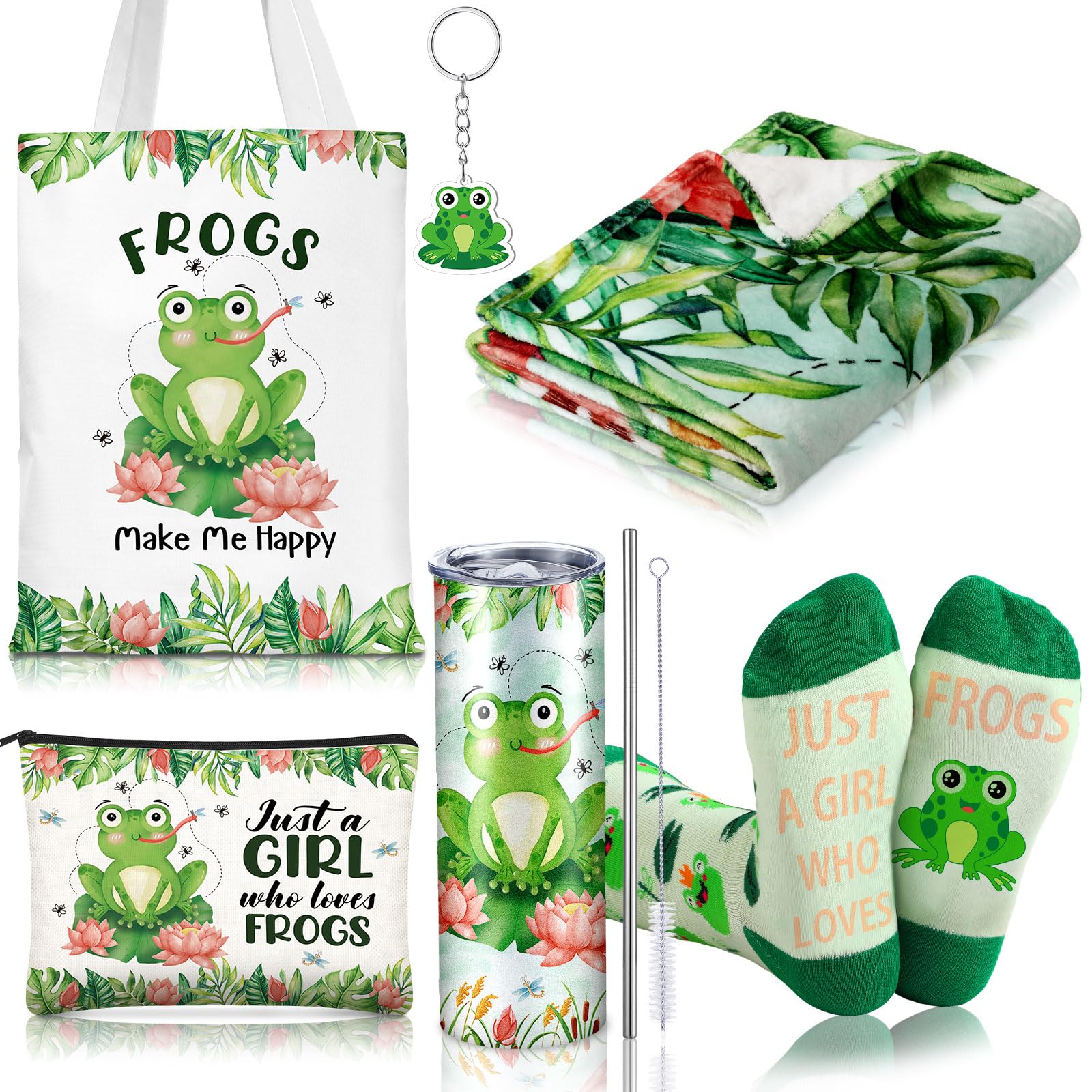 Tiangrid 6 Pcs Frog Gifts For Women Include 20 Oz Frog Stainless Steel Tumbler With Lid Straw Cosmetic Bag Throw Blanket Keychai