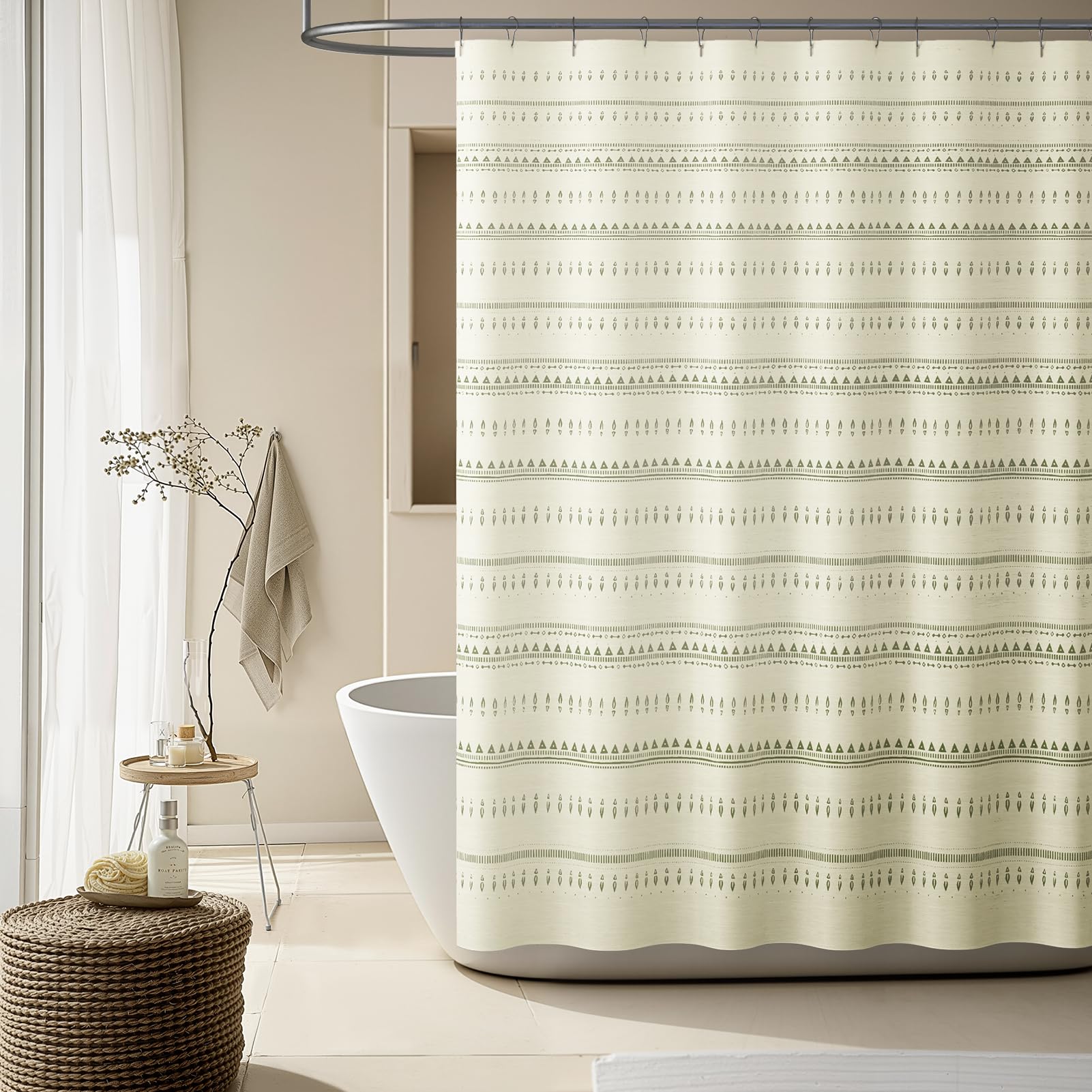 jinchan Boho Farmhouse Sage Shower Curtain White Geometric Striped Shower Curtains for Bathroom Waterproof Fabric Bohemian Rusti