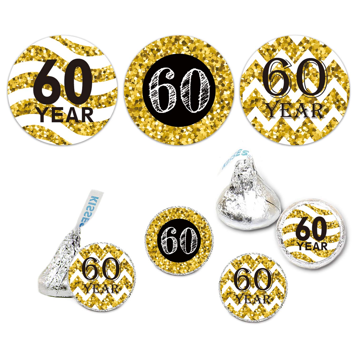 180 Pack 60Th Birthday Party Favor Labels, Chocolate Drops Labels Stickers For 60Th Birthday Or Anniversary, Black And Gold 60Th