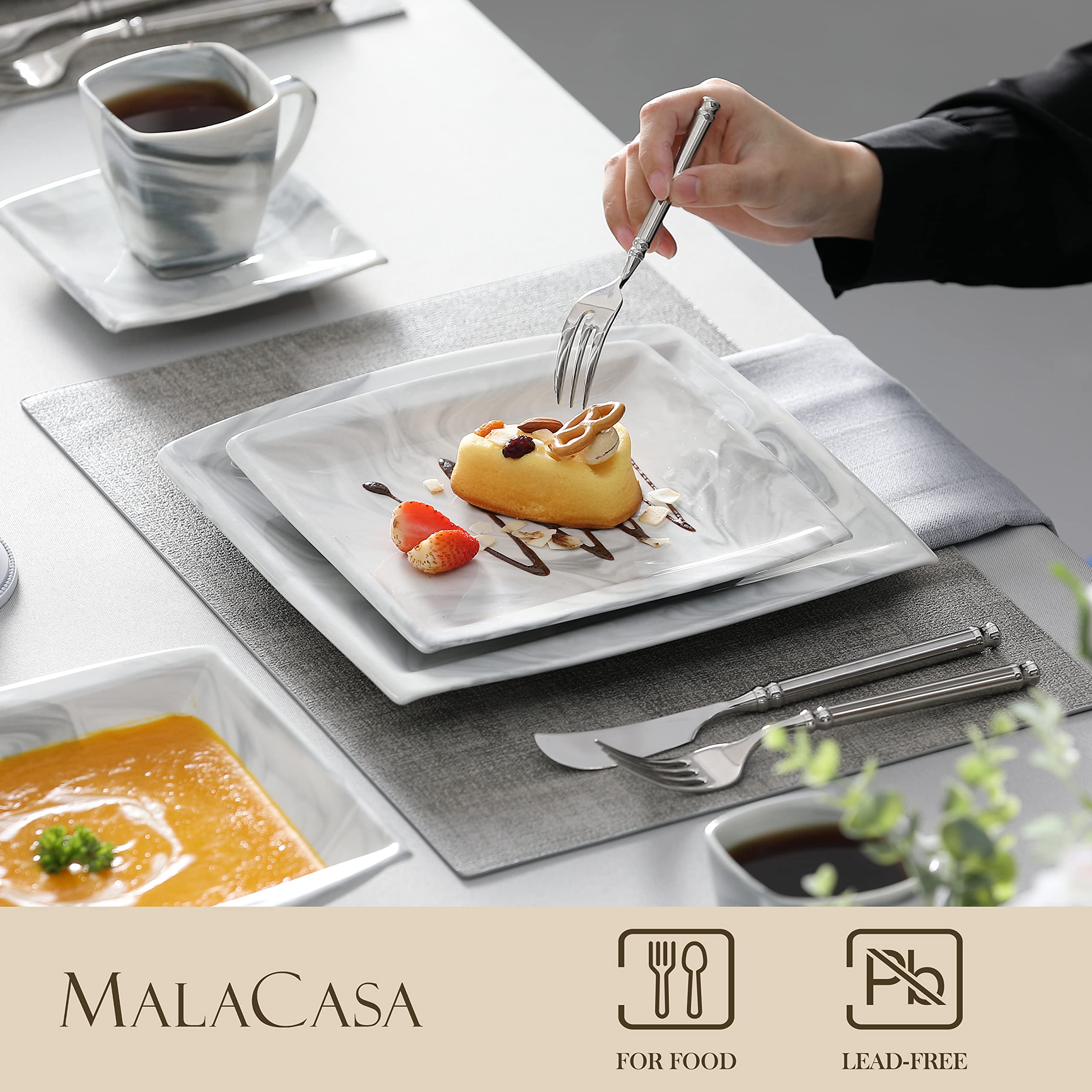 MALACASA Dinnerware Sets, 30 Piece Porcelain Plates and Bowls Sets for 6, Square Dish Set with Dinner Plates Set, Cup and Saucer