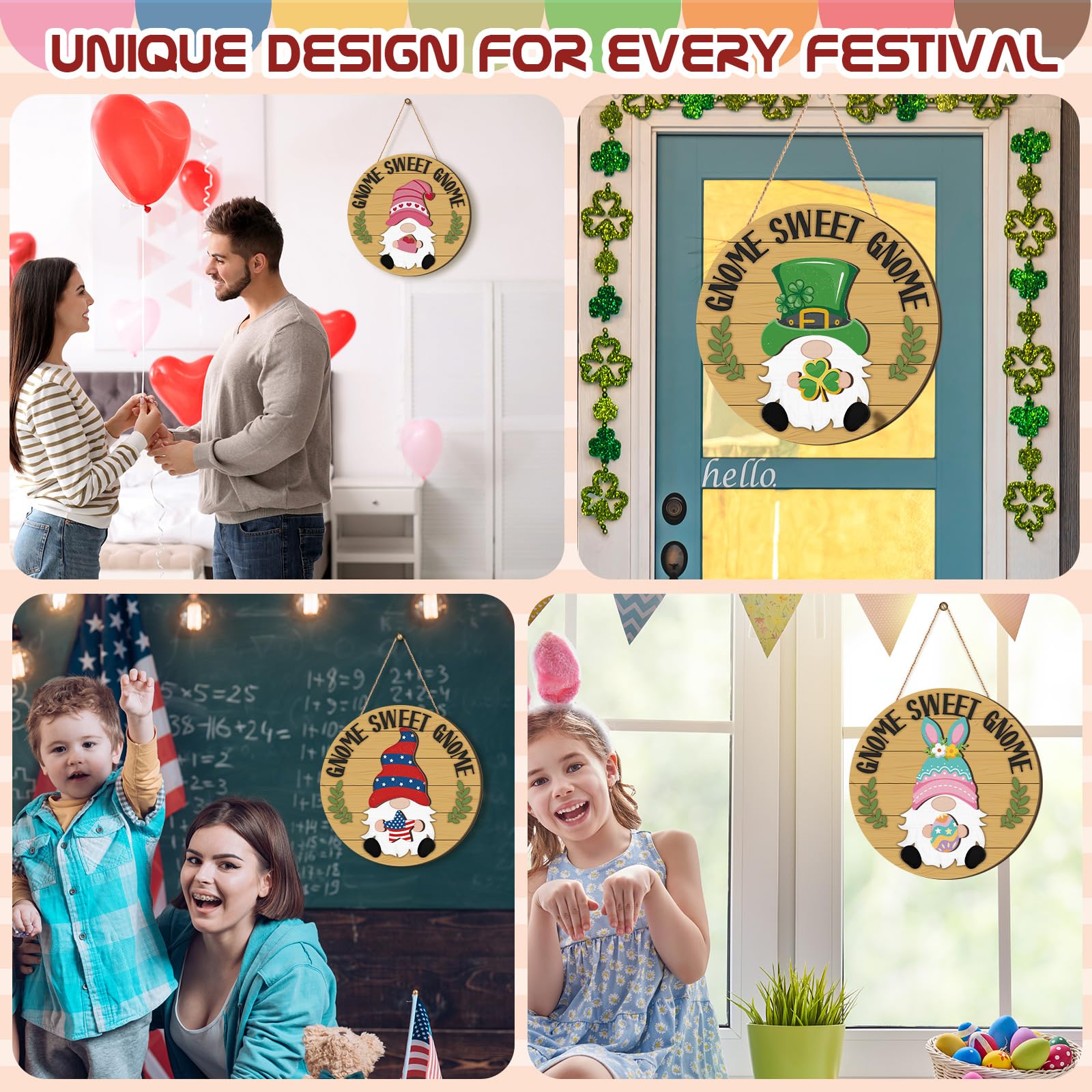 Wenqik 41 Pcs Interchangeable Gnome Decor Holiday Wooden Seasonal Gnome Decor Detachable Magnet Hat and Hand Welcome Sign for Ho