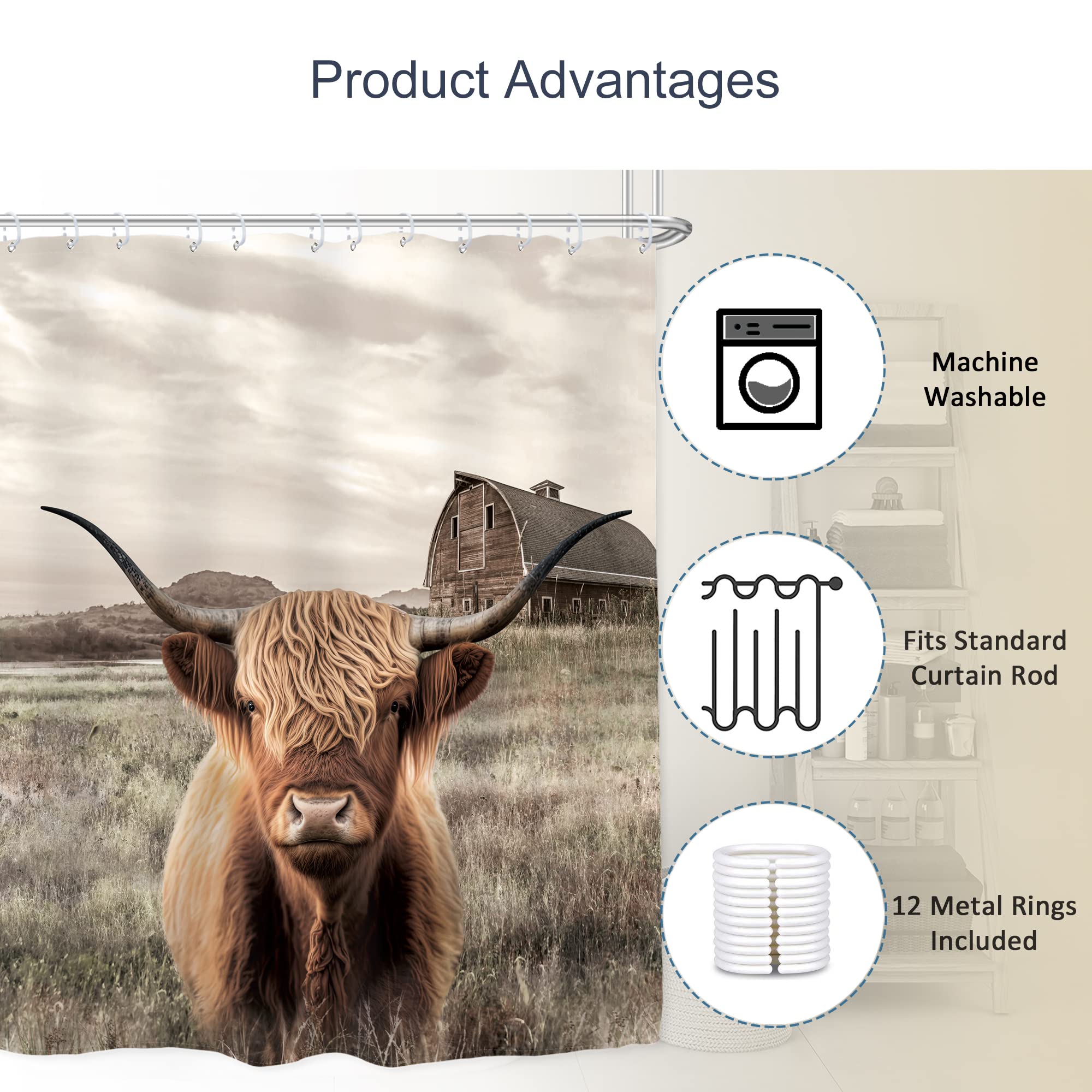 AMBZEK Highland Cow Farmhouse Shower Curtain 60Wx72L Inch Rustic Bull Western Farm Animal Country Longhorn Texas Artwork Cloth Fabric Waterproof Polyester Bathroom Decor Set with 12 Pack Hooks