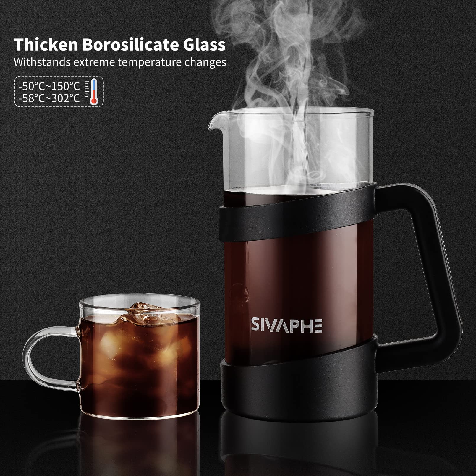 Sivaphe French Press 34Oz Light-Weight Durable High Borosilicate Carafe Maker 8 Cup Plastic Coffee Press Frothed