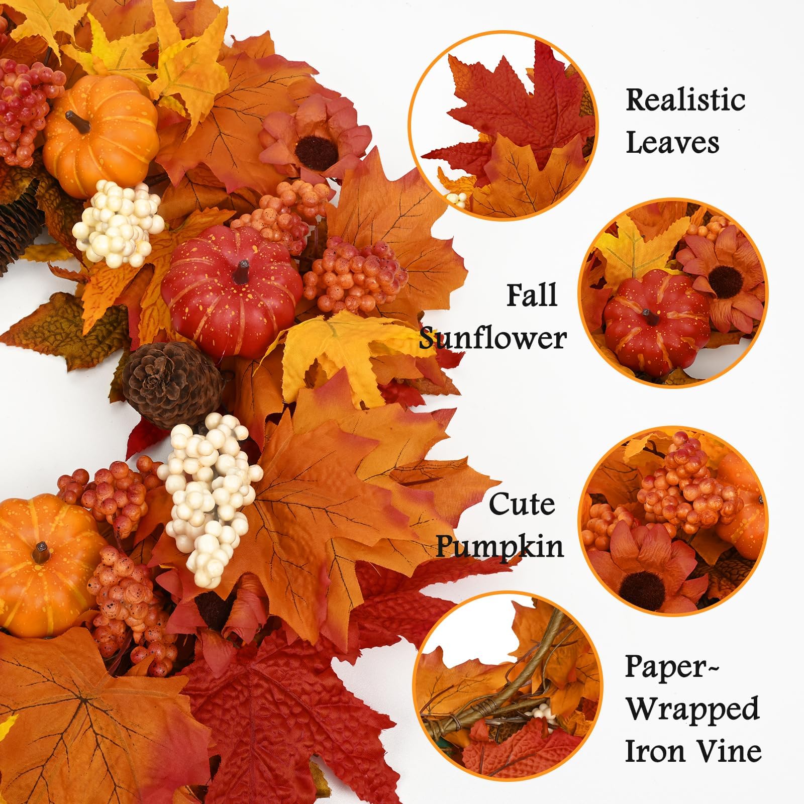 Waipfaru Fall Decor, 2 Pack Fall Wreaths for Front Door, Autumn Wreath with Lights and Welcome Sign, 20 Outdoor Reef for Thank