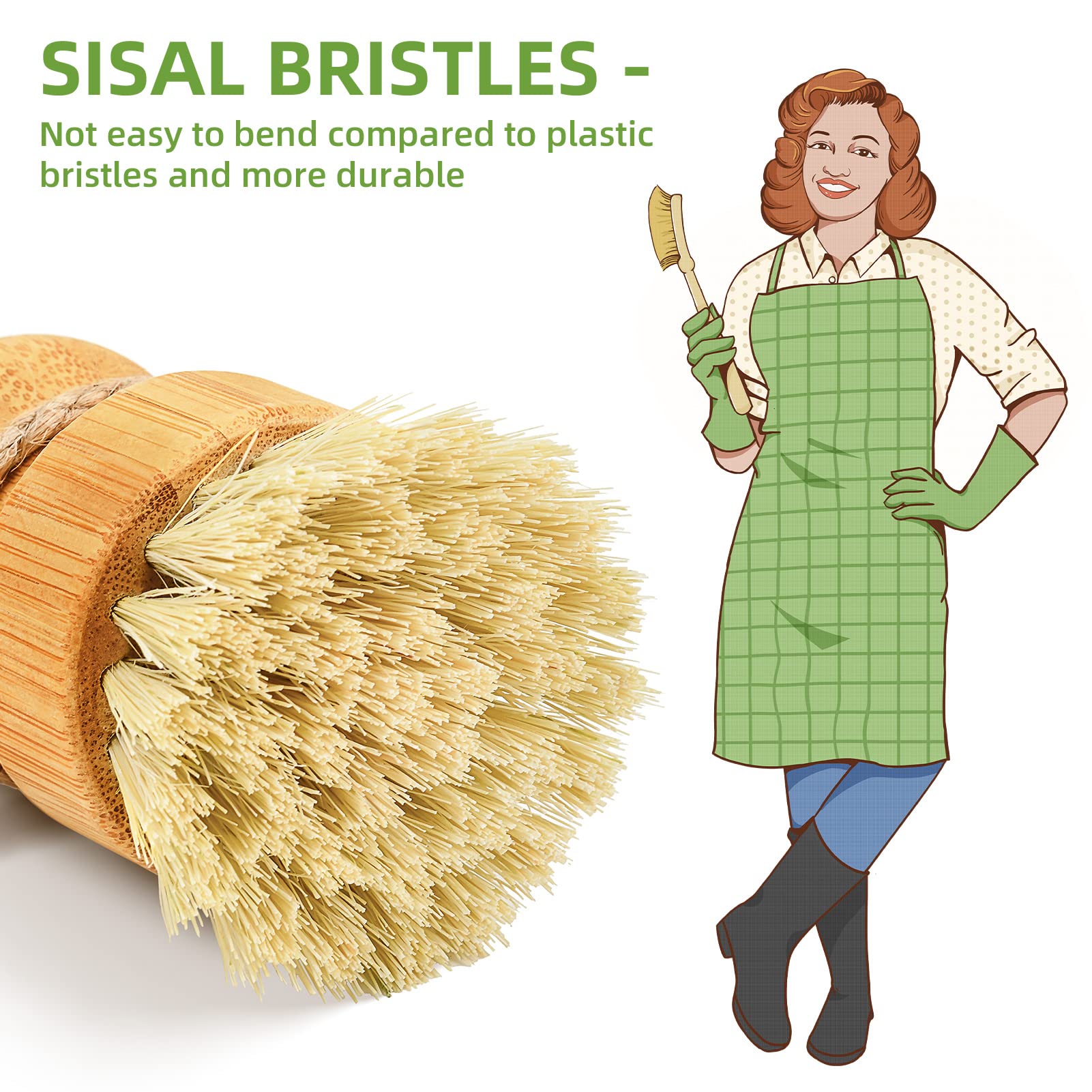 Bamboo Dish Scrub Brushes By Subekyu, Kitchen Wooden Cleaning Scrubbers Set For Washing Cast Iron Pan/Pot, Natural Sisal Bristle