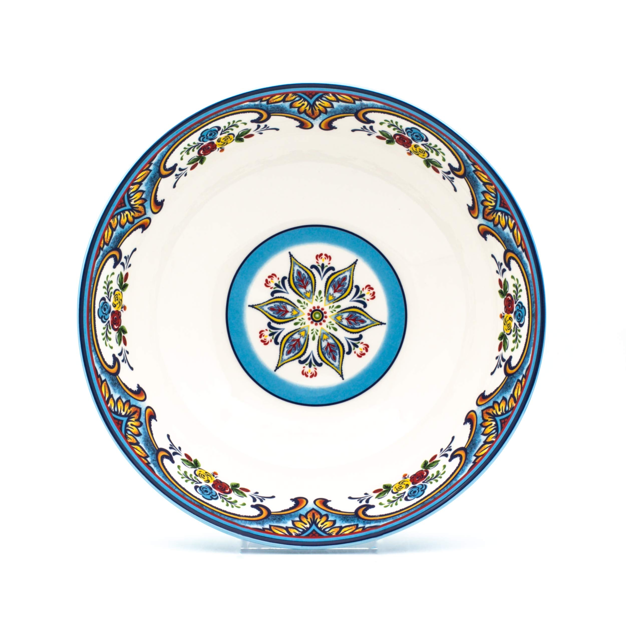 Euro Ceramica Zanzibar Collection Vibrant 12.75'' Ceramic Round Serving Bowl, Spanish Floral Design, Multicolor