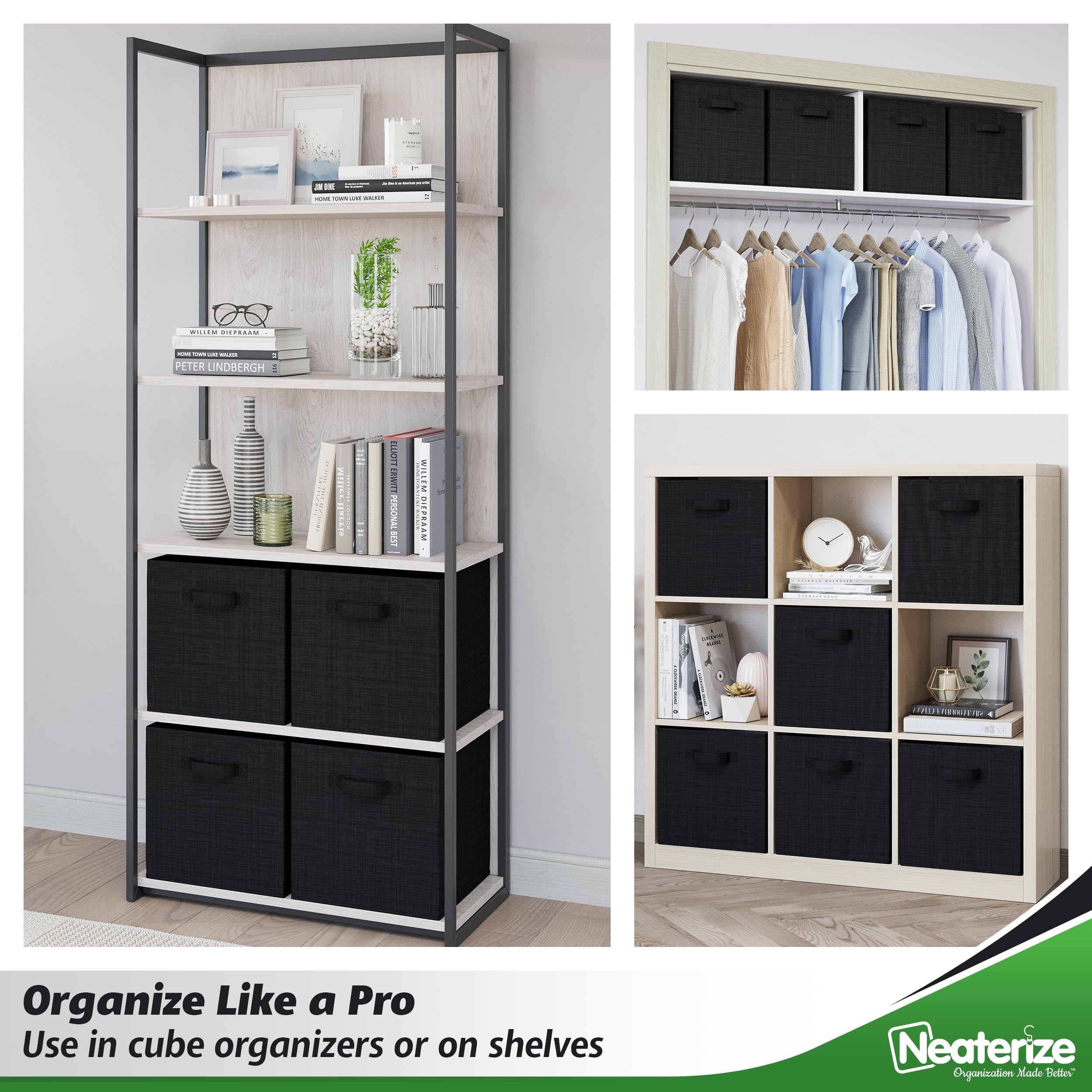 Fabric Storage Cubes For Cube Organizer - 6 Pack Heavy Duty Textured Black Storage Bins - 13 Inch Cube Storage Bin, Use As A Clo