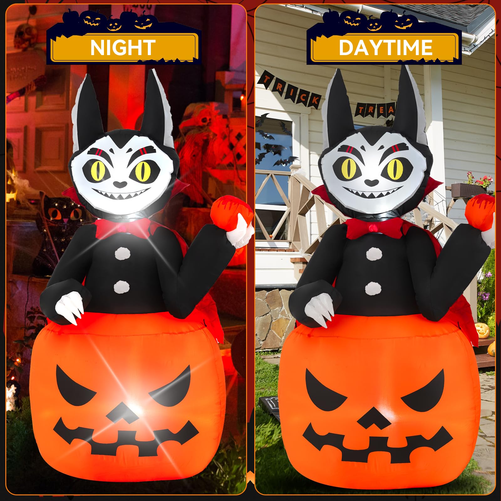 Halloween Inflatable, SHDEJTG 6FT Pumpkin Cat Inflatable Decoration with LED Lights Built-in for Outdoor, Holiday, Party, Yard,