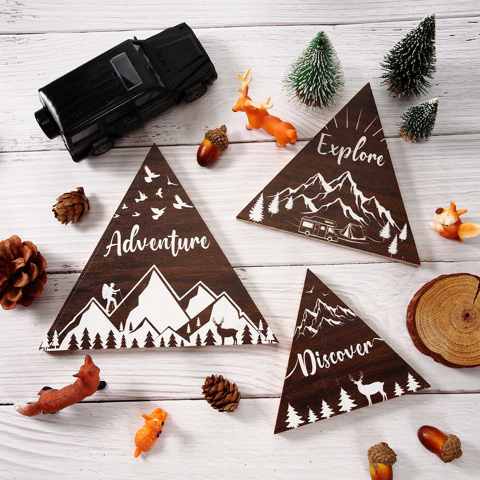 Jetec 3 Pcs 3 Size Wooden Mountain Shelf Decorations Woodland Adventure Travel Mountain Sign for Home Bedroom Bathroom Shelf Wal
