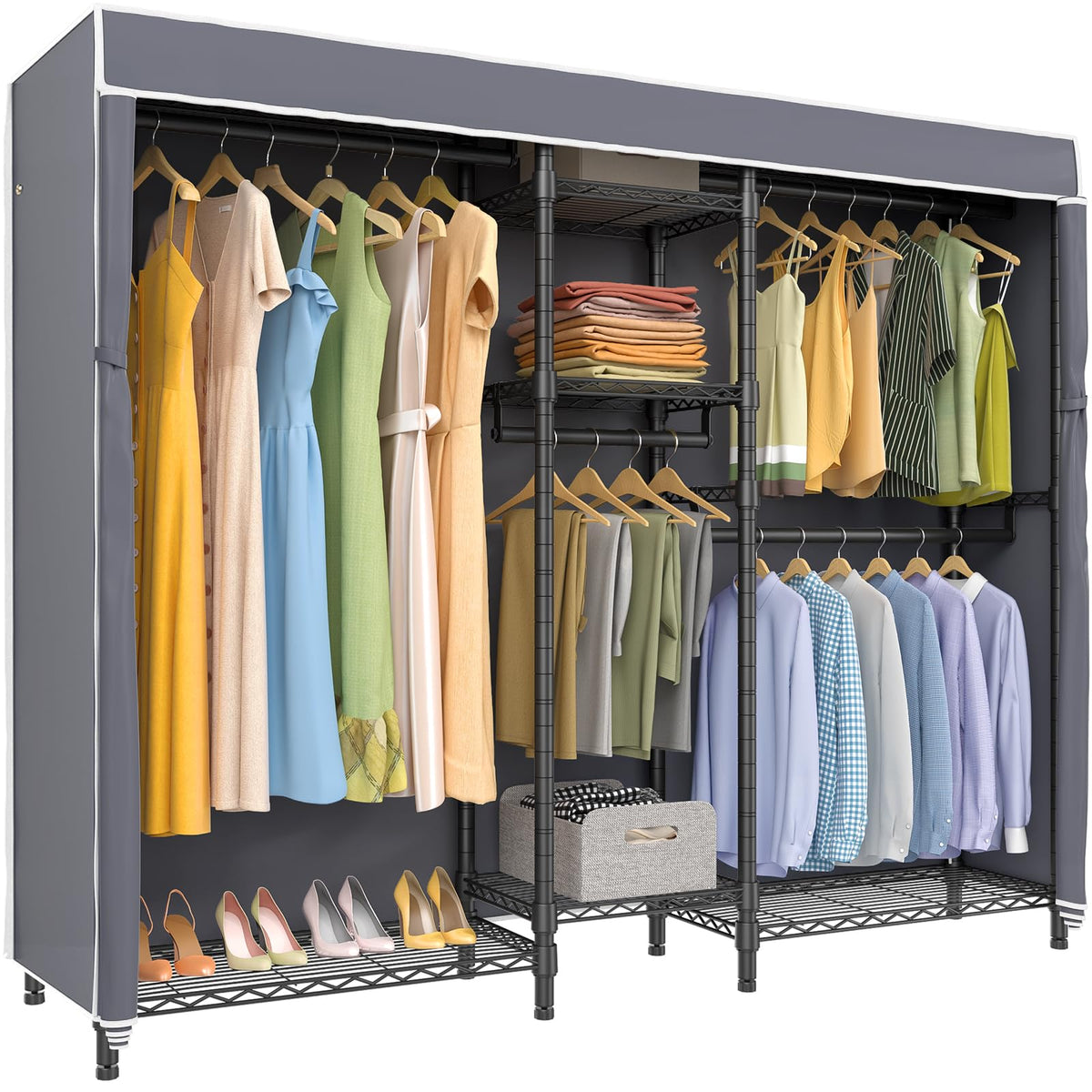 Vipek V6C Heavy Duty Covered Clothes Rack Portable Wardrobe Closet, 5 Tiers Wire Garment Rack Black Metal Clothing Rack With Gre