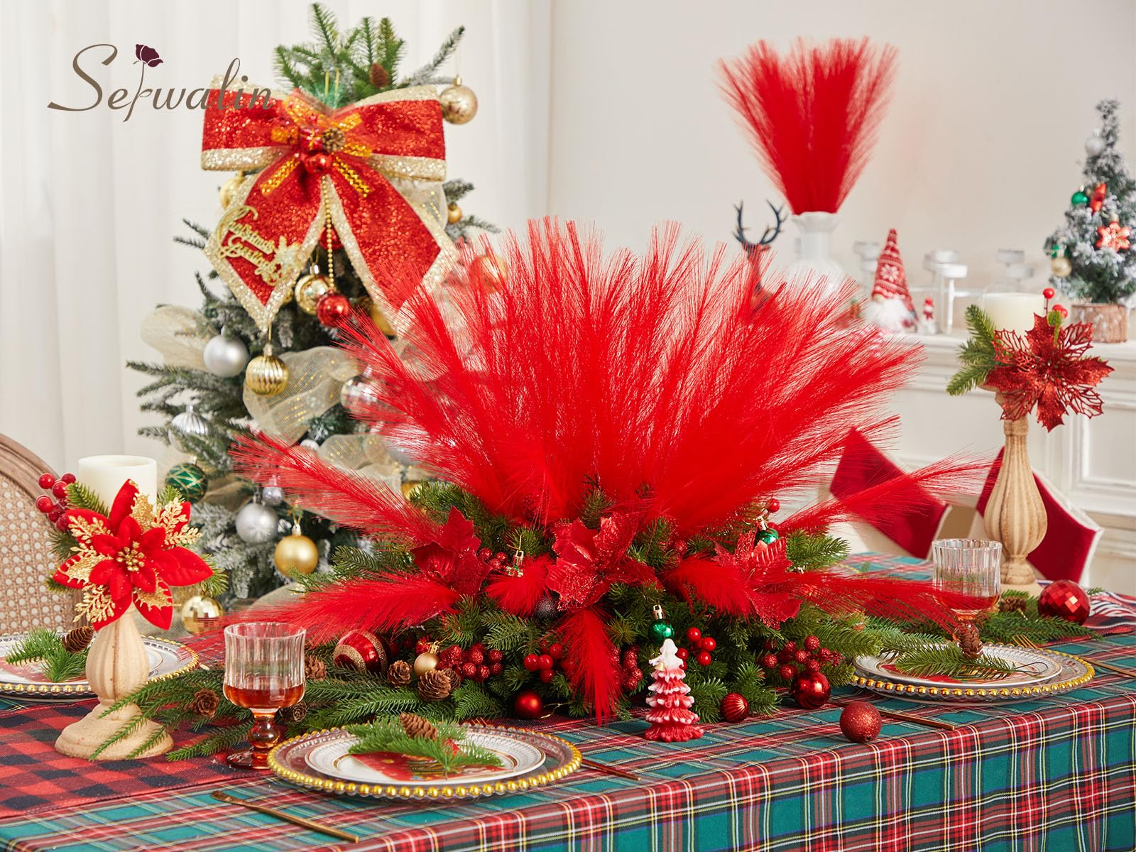 Serwalin 60Pcs Red Pampas Grass Decor, 17.7 Faux Pampas Grass, Artificial Short Pompas Grass Fluffy Plant Vase Filler Boho Decor